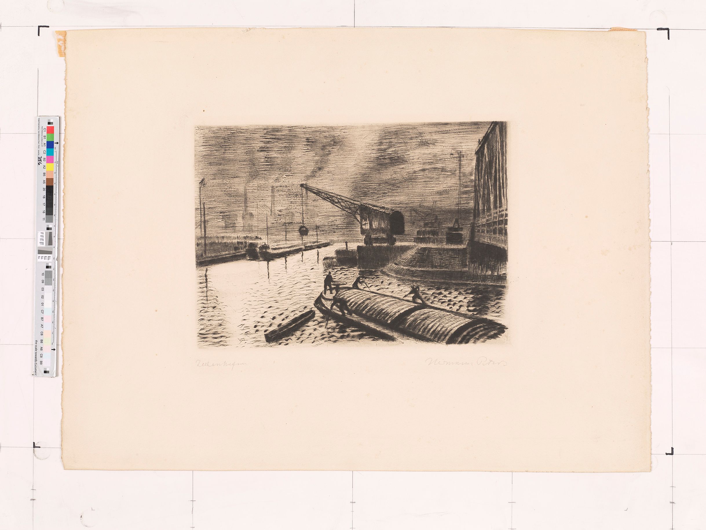 Darstellung eines Zeche Hafens. Im Vordergrund sind mehrere Arbeiter und im Hintergrund Kräne. Die Arbeiter stehen auf einem Boot auf dem Wasser. 