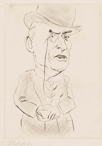 Karikaturhaftes Portrait des englischen Politikers Neville Chamberlain im Anzug mit Melone und Monokel.
