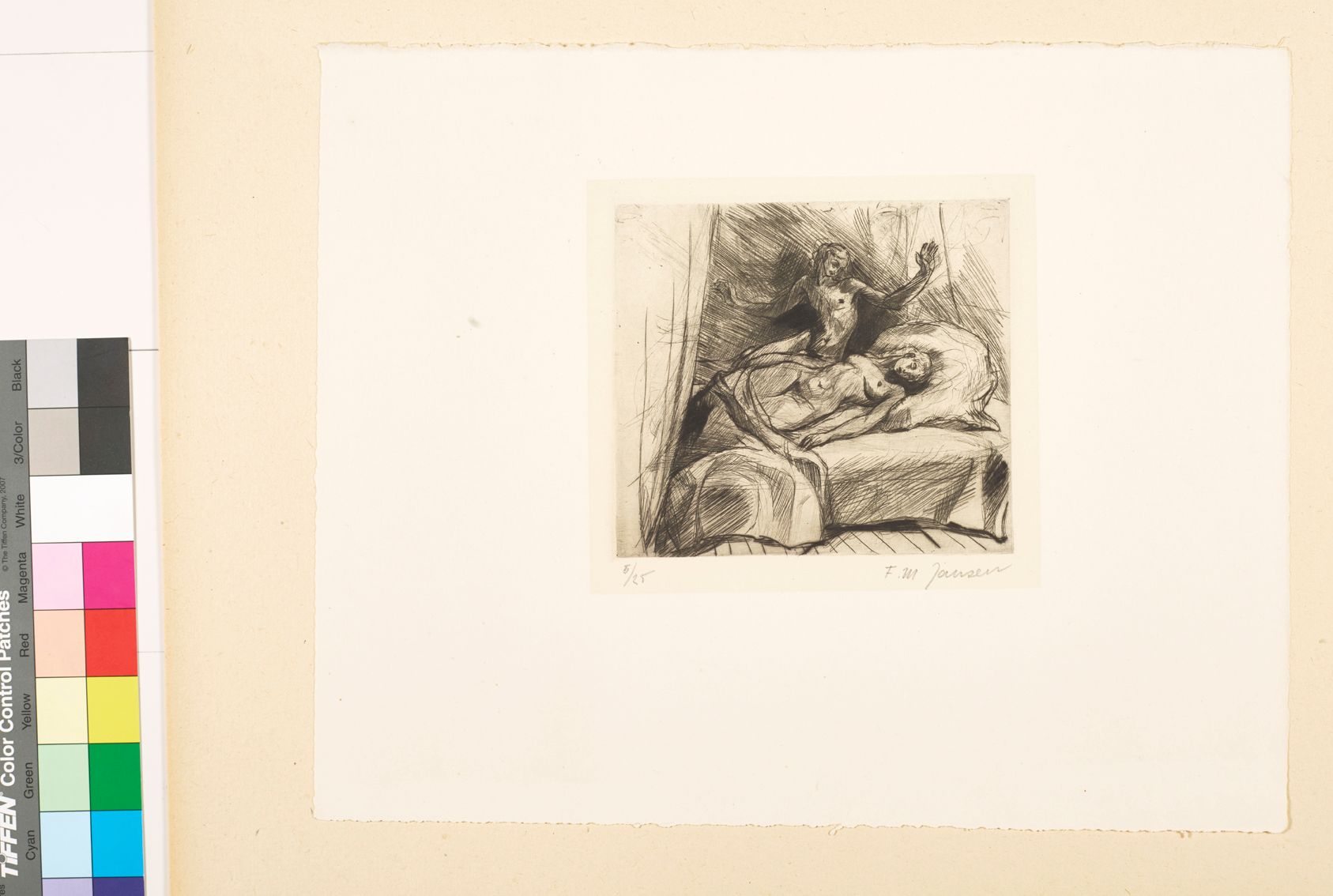 Zeichnung. Nackter Mann steht auf. Schlafende, nackte Frau im Bett.