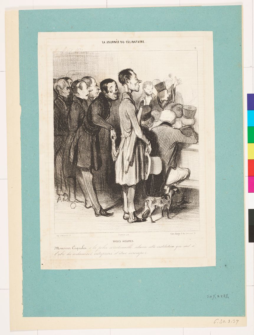 Zeichnung. Eine Menschenmenge mit fein gekleideten Männern und einem Hund. Im Vordergrund greift ein Mann einem anderen in die Tasche.