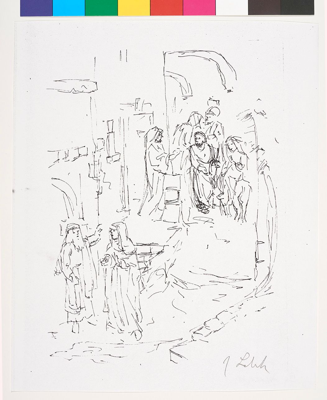 Skizze zur Abweisung Maria und Josefs durch einen Herbergsbesitzer.