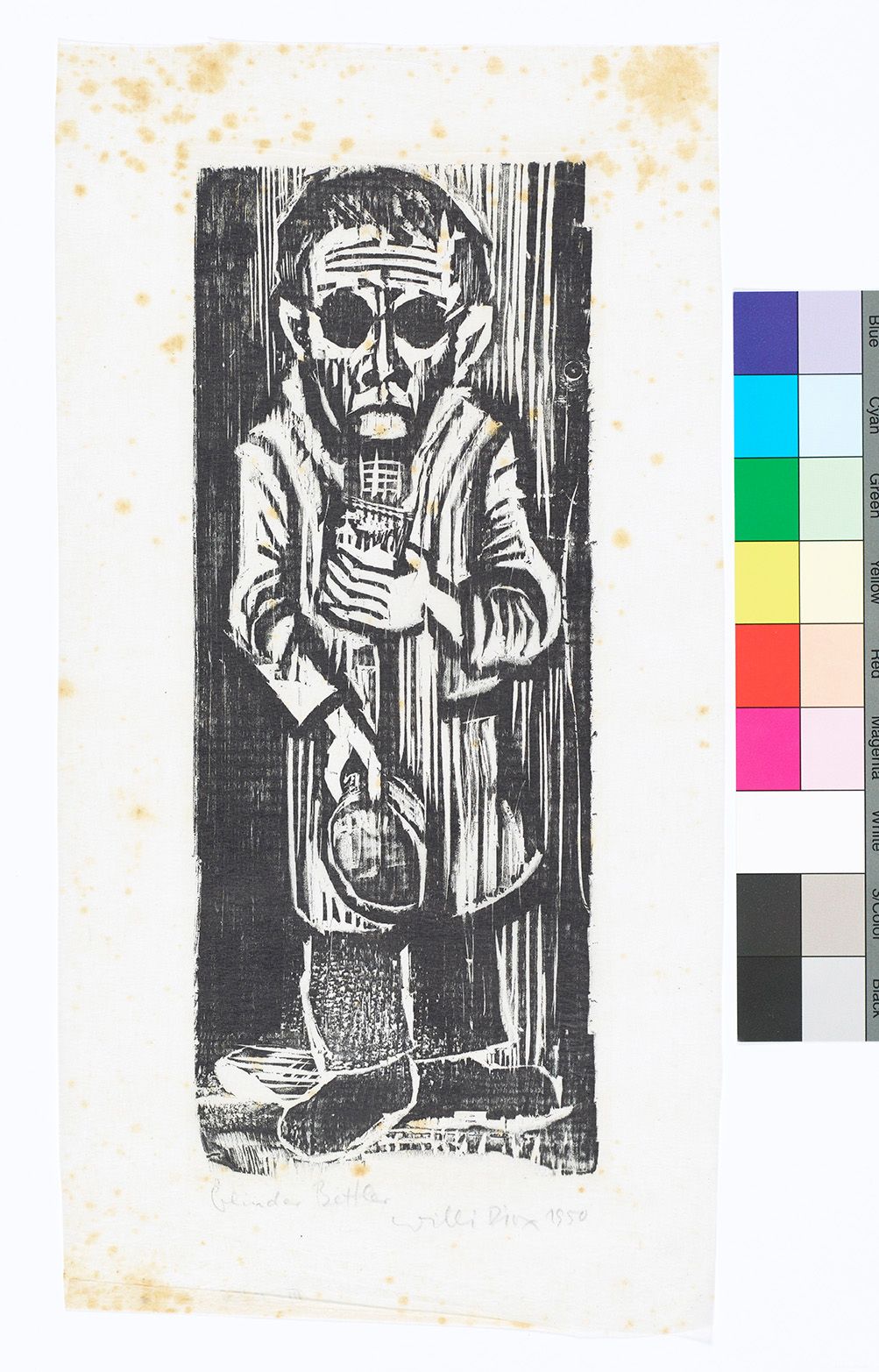 Abstrakte Darstellung eines Mannes mit schwarzen Augen und einer Mütze und Dose in den Händen.