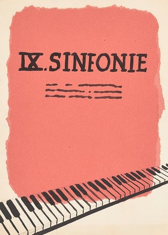 Auf weißen Untergrund ein hellrotes Feld mit leicht ausgefranzten Rändern auf dem in schwarzer Schrift "IX. Sinfonie" steht. Unten zieht sich eine stilisierte Klaviertastatur diagonal durchs Bild.