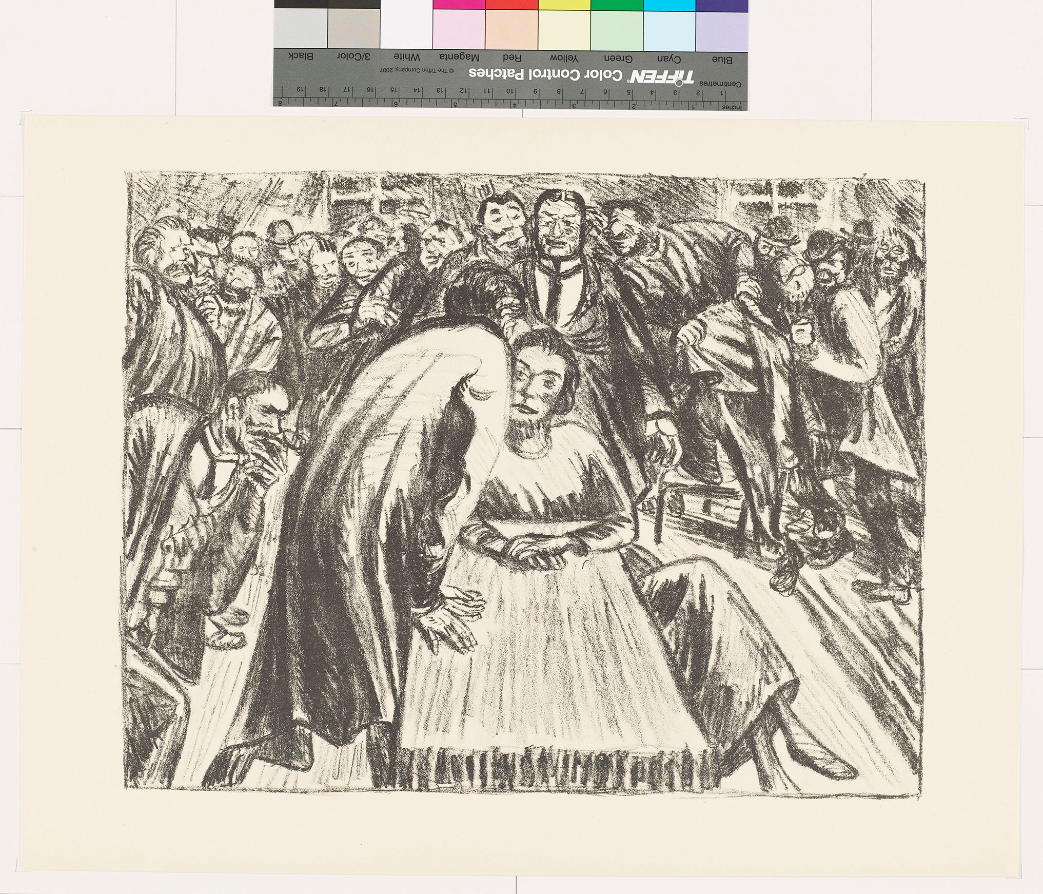 Skizze von einem Mann und einer Frau in einer Menschenmenge. Der Mann flüstert der sitzenden Frau etwas zu.