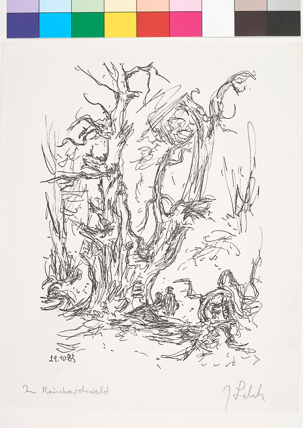 Skizze eines Baumes im Reinhardswald an dessen Fuß zwei Personen zu erkennen sind.