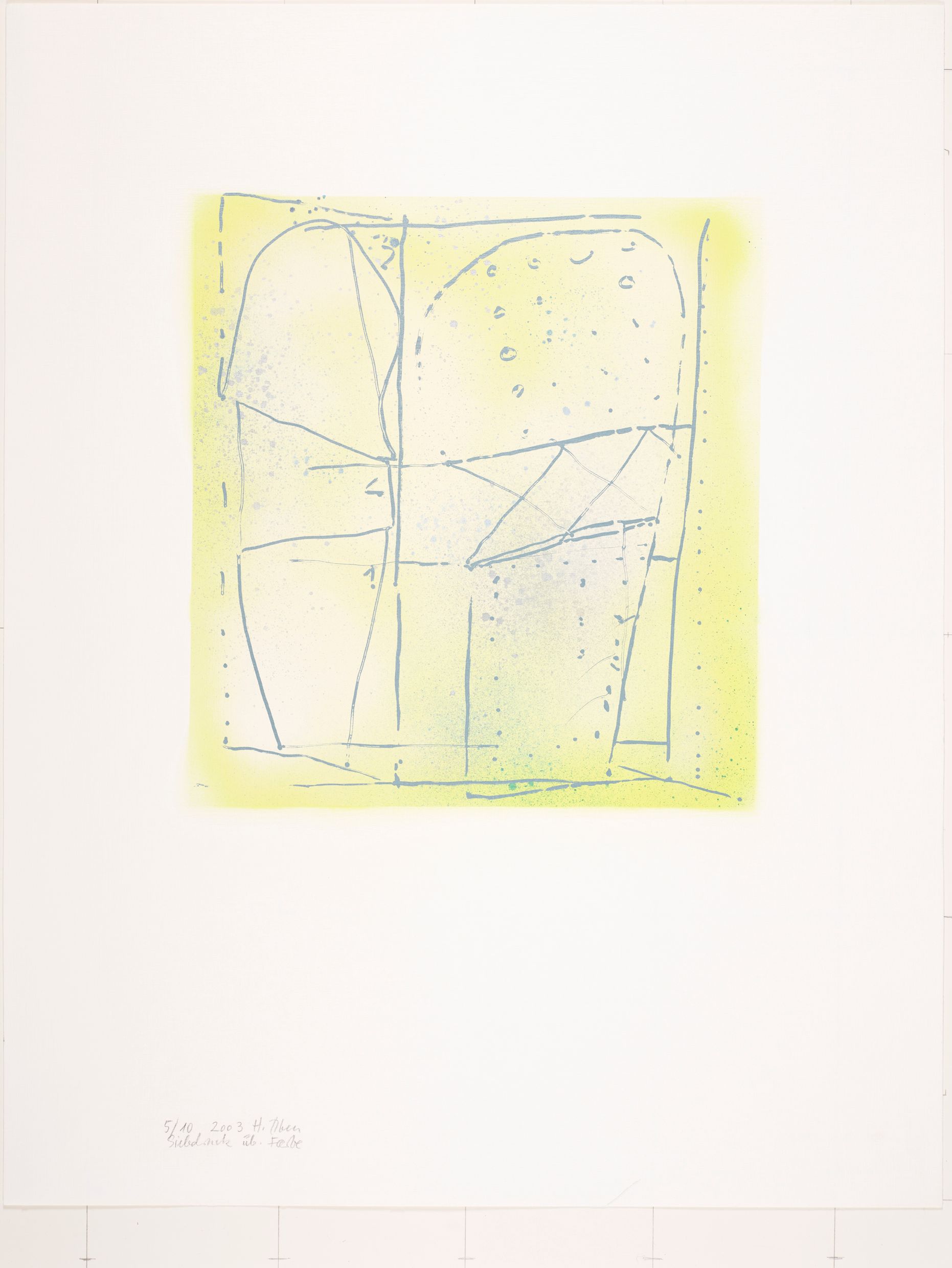 Abstrakte Skizze mit geometrischen Formen auf gelbem Untergrund (Viereck, Dreieck, Halbkreis, Punkt).