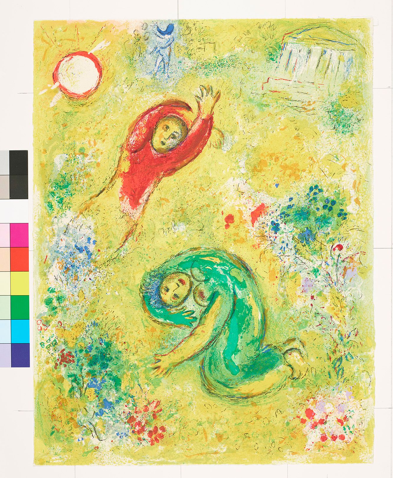 Abstraktes Bildmotiv von zwei Personen auf der Wiese mit Blumen. Im Hintergrund ist ein antiker Tempel.