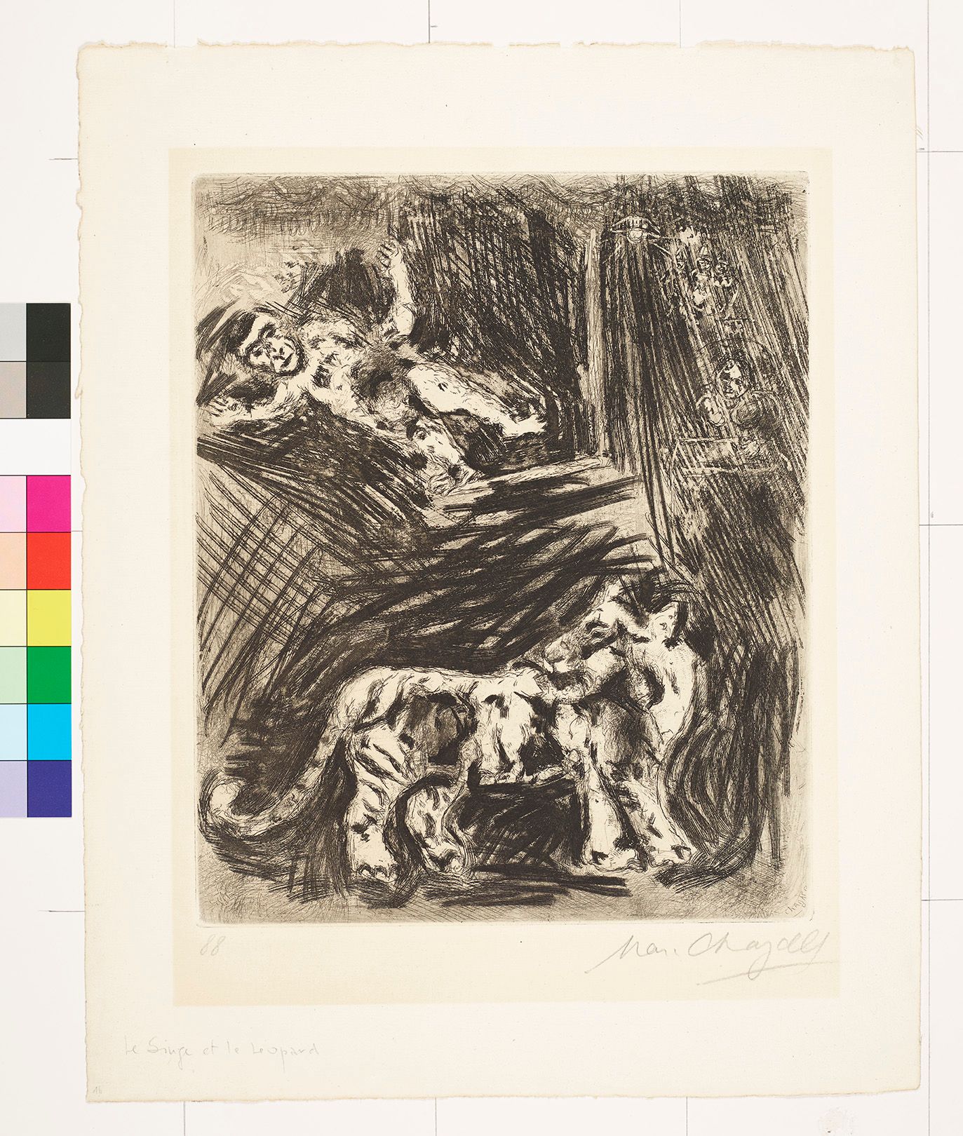 Abstraktes Bildmotiv von einem Leoparden, der nach hinten guckt. Und einem Affen, der sich im Raum schwingt. 