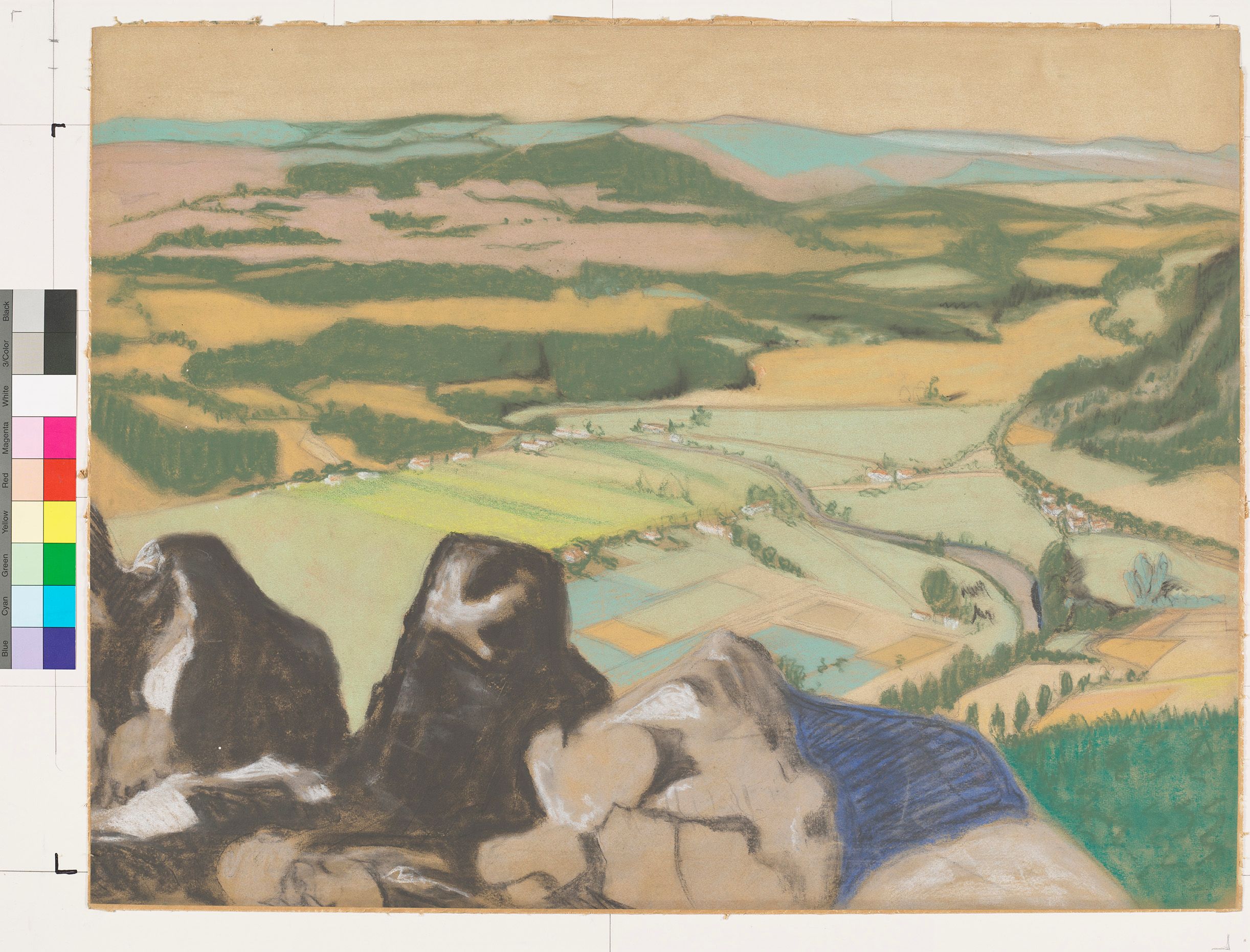 Wir sehen eine Landschaft von einer erhöhten Position, aufgrund des felsigen Grunds im Vordergrund des Bildes sieht es nach einem Blick von einem Hügel bzw. Berg aus. Die Landschaft ist vierschieden und weitläufig. Im mittleren Teil sehen wir eine dünn besiedelte Landschaft mit vereinzelten Häusern, Straßen, Feldwegen und mit landwirtschaftlich genutzten Feldern. Im Hintergrund ist die Landschaft eher unberührt mit Wäldern und weiteren Wiesen. 