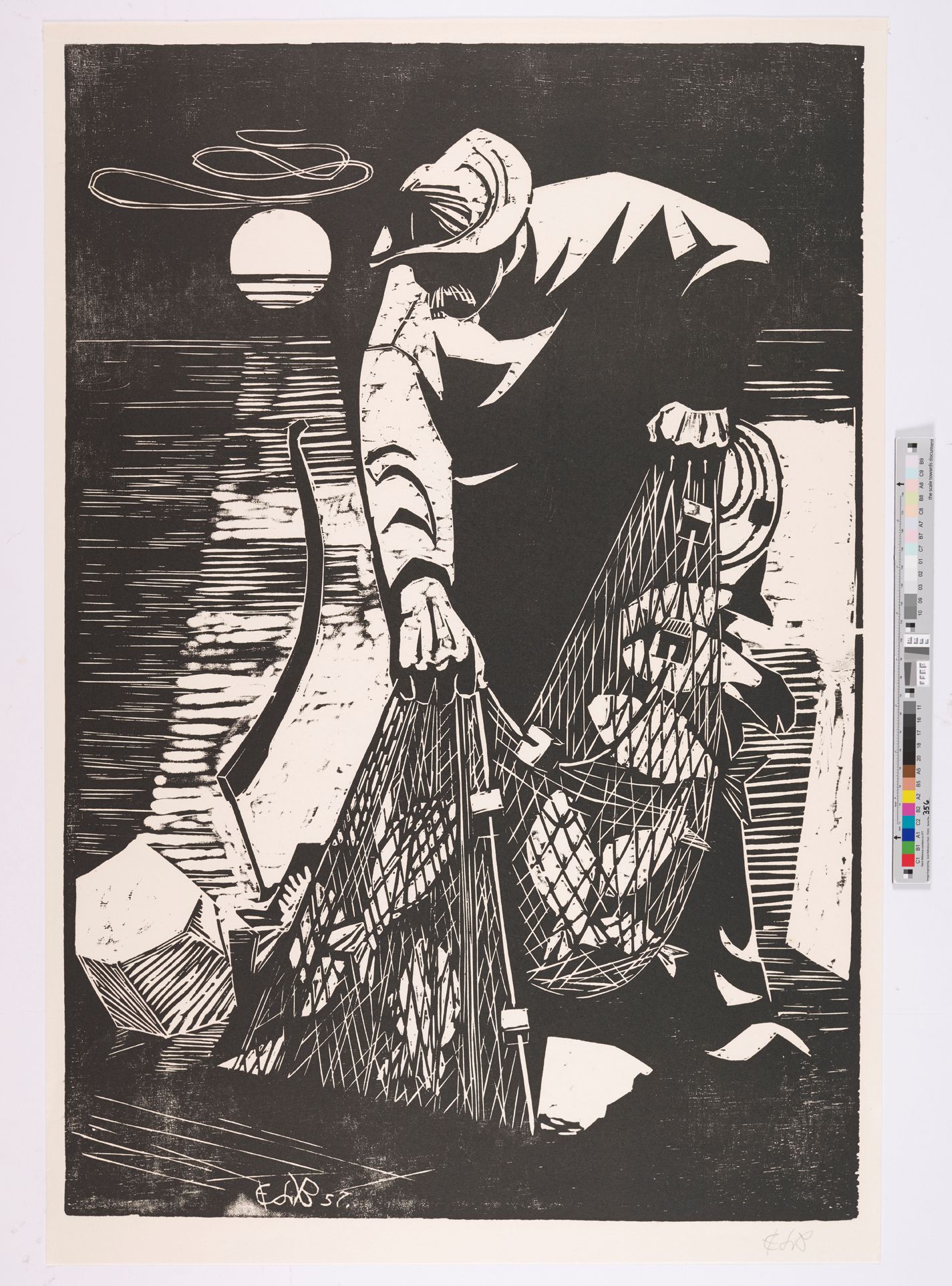 Abstraktes Bildmotiv. Eine nächtliche Szene mit einem Fischer am See. Er zieht an einem Fischernetz mit vielen Fischen.