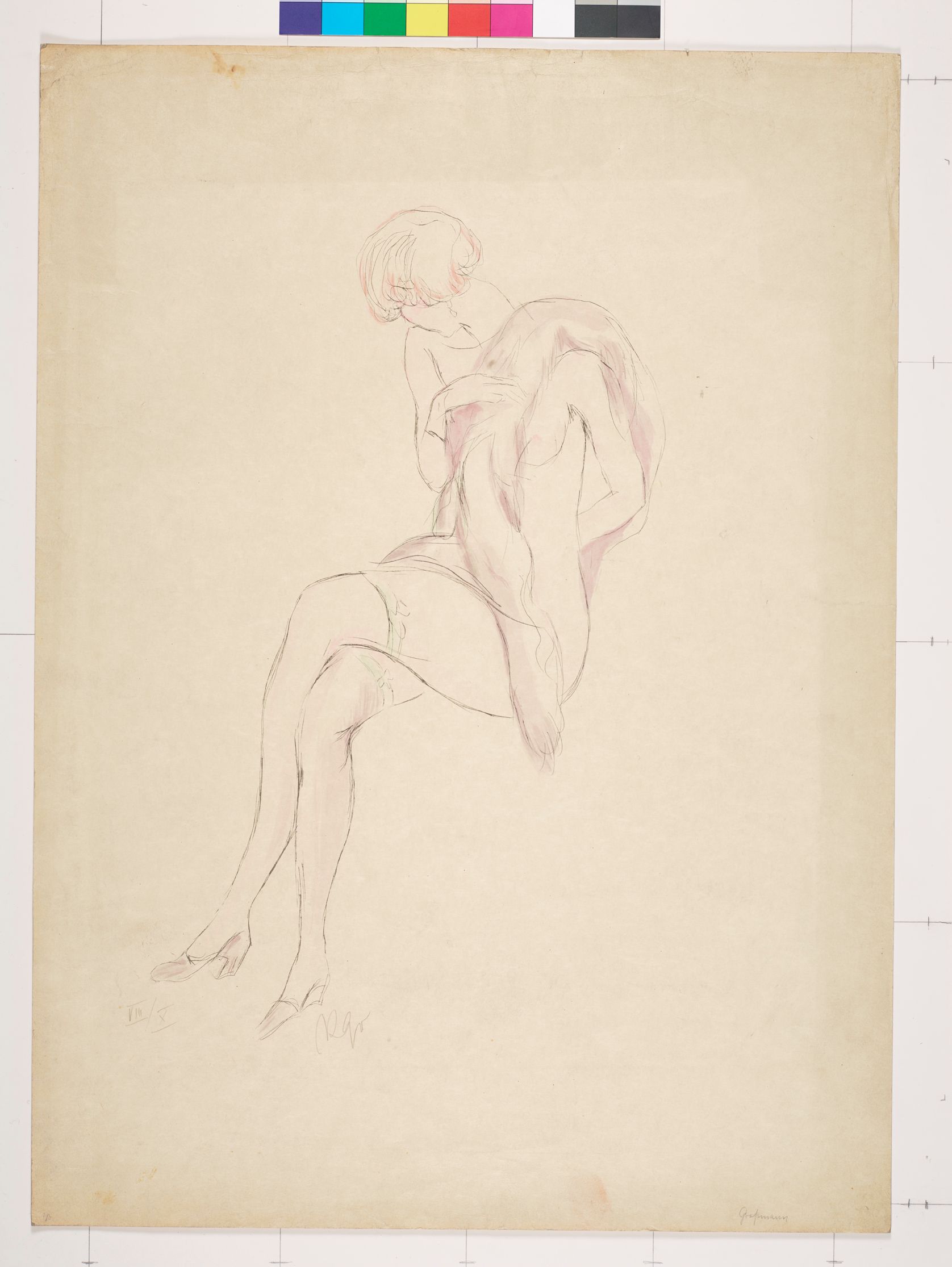 Abstrakte Zeichnung. Sitzende Frau mit kurzem Kleid, hohen Schuhen und einem Pelz über die Schulter.