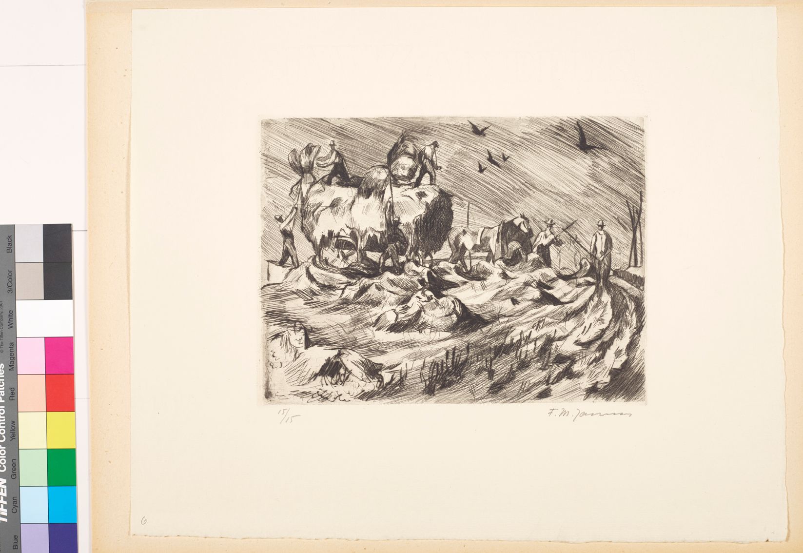 Zeichnung. Ein Feld mit Bauern auf einer Schubkarre mit Heu. Links stehen weitere Männer mit einem Pferd. Über ihnen fliegen Vögel.