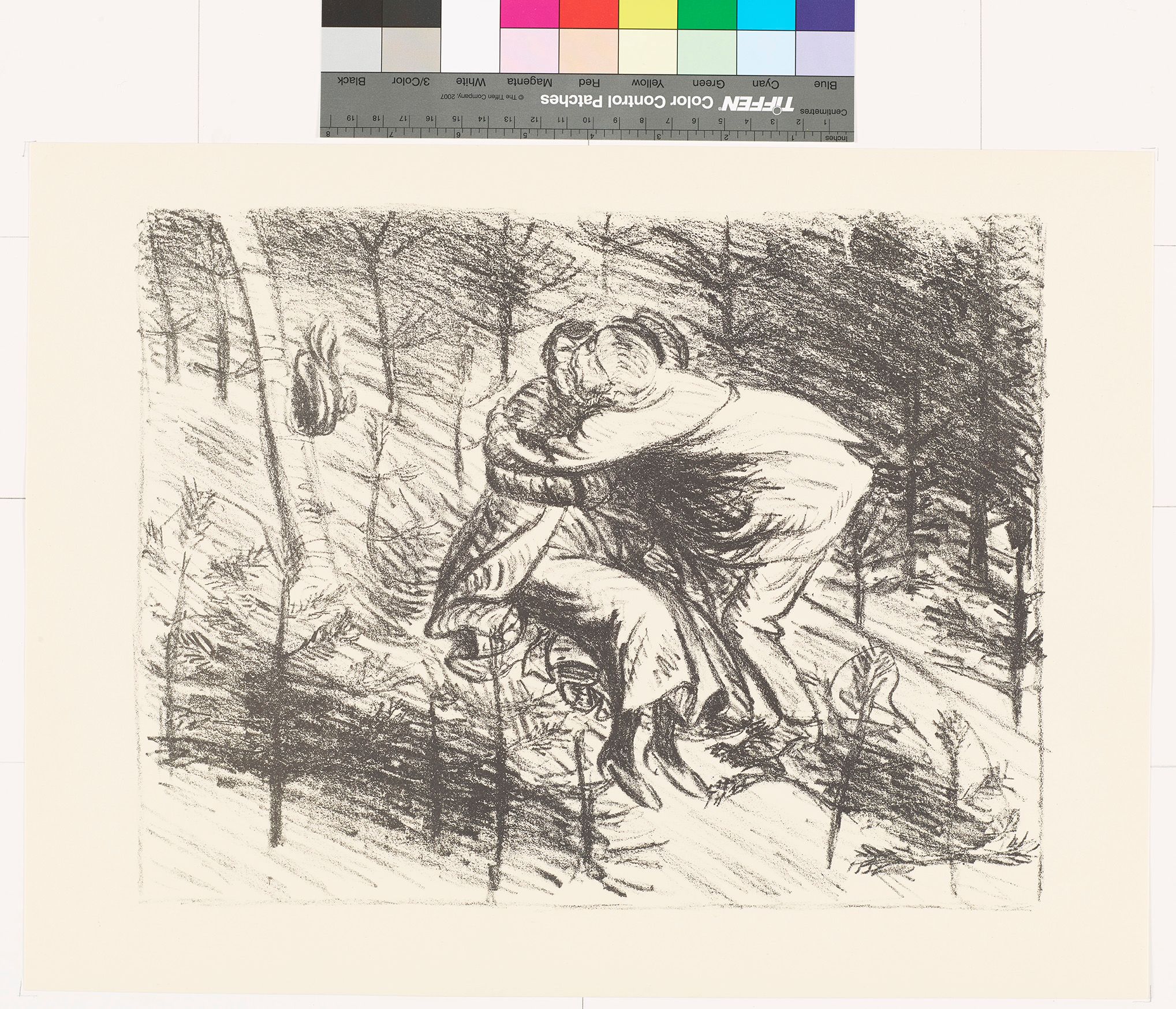 Zeichnung. Zwei umarmende Personen auf einem Feld.