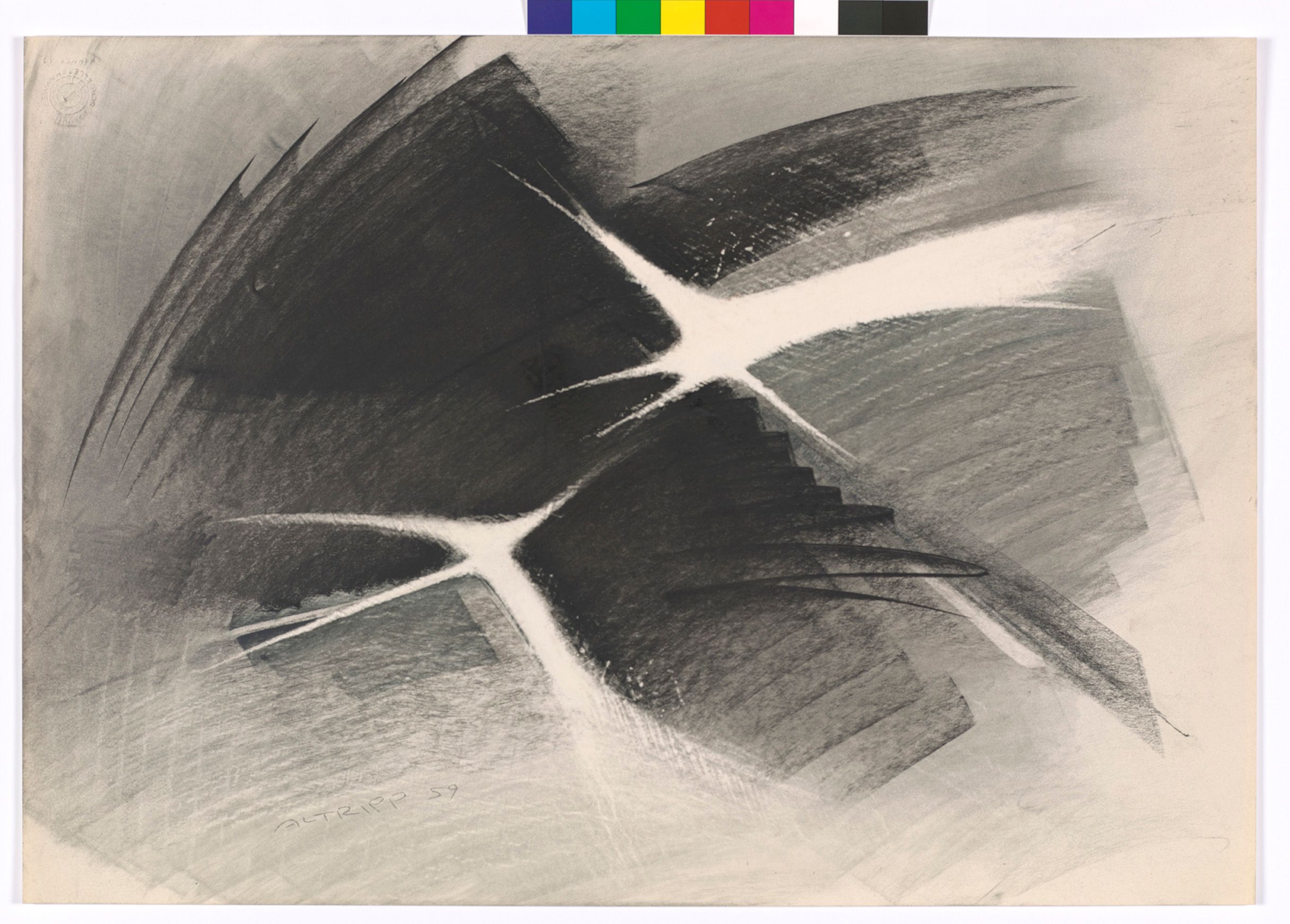 Zwei abstrakte weiße Figuren auf einem schwarzen Untergrund, welcher zum Bildrand abgeschwächt wird. 