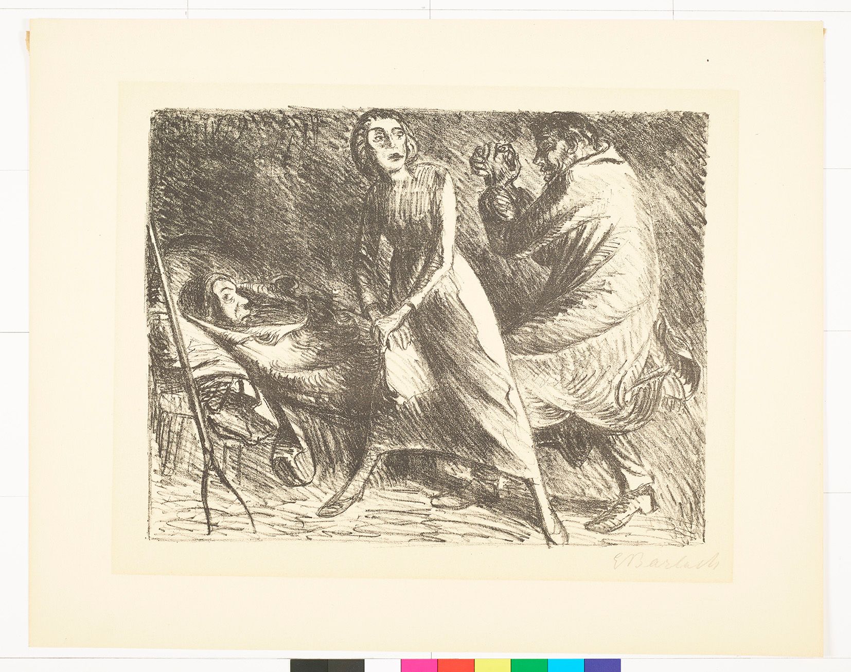 Skizze. Eine liegende Person, ein Mann und eine Frau. Die Frau deckt den Mann.