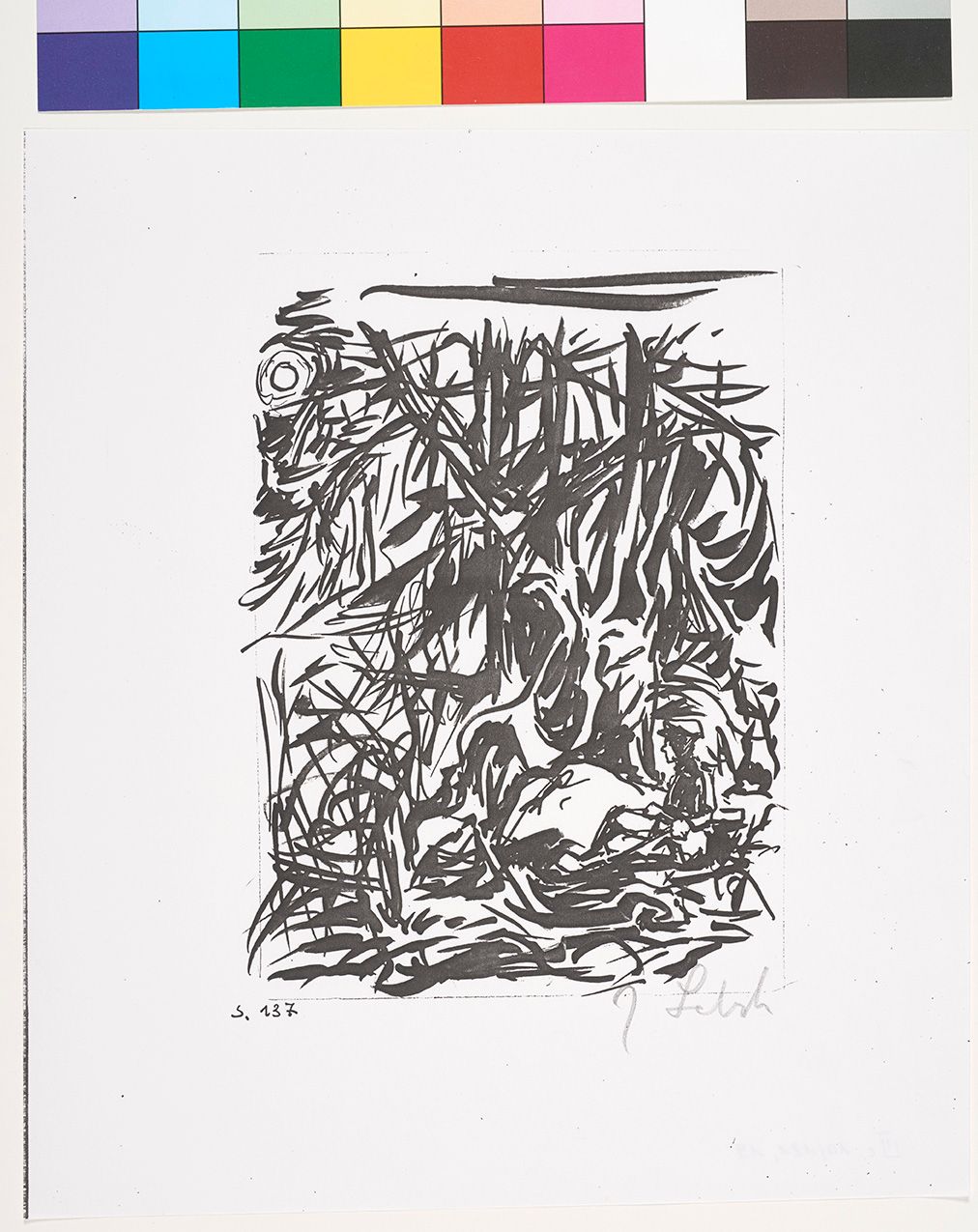 Die Tuschezeichnung eines Mannes, der in einem Wald sitzt.