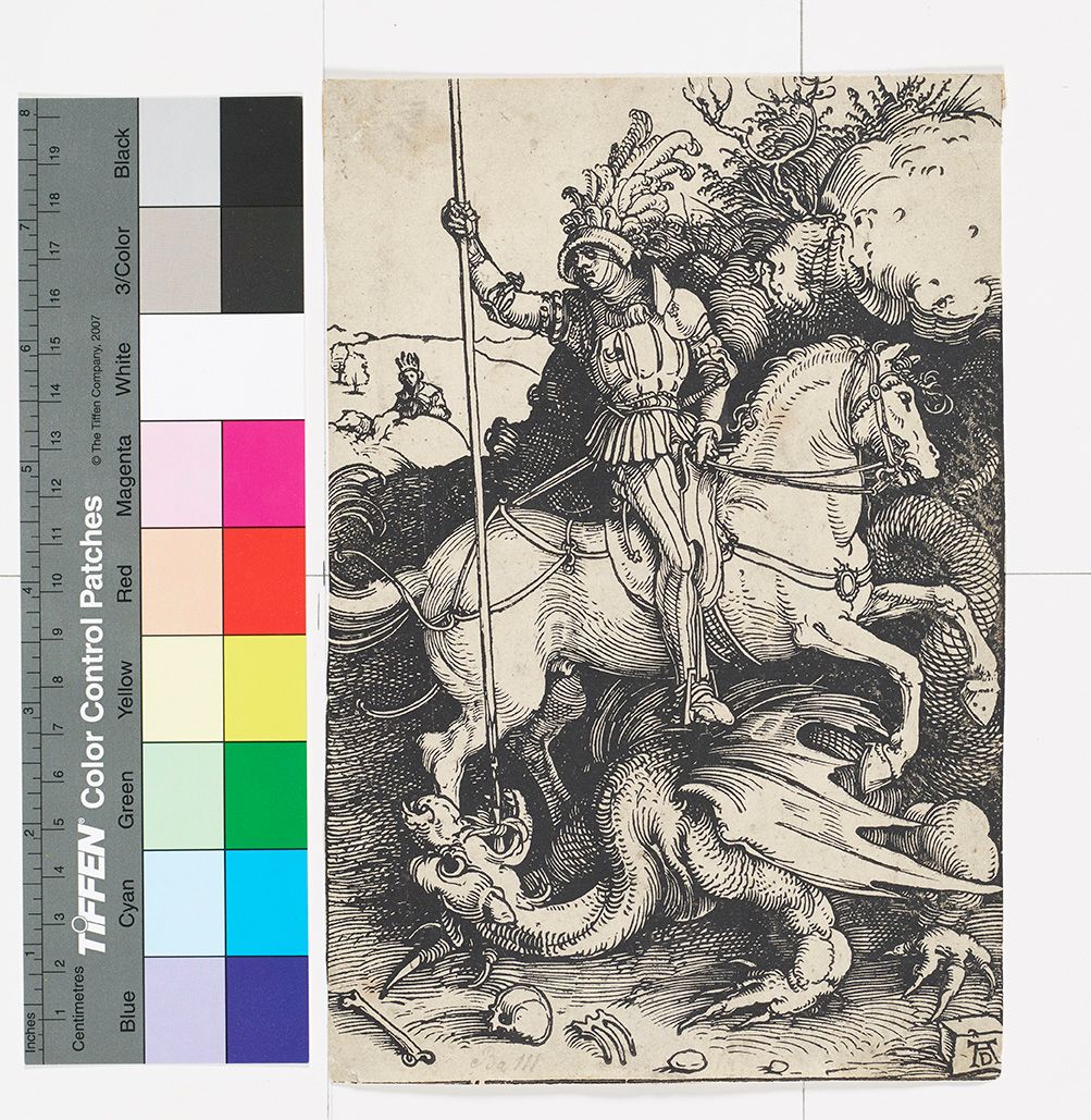 Holzschnitt. Ritter Georg auf einem Pferd. Er ersticht einen Drachen mit einem Speer.