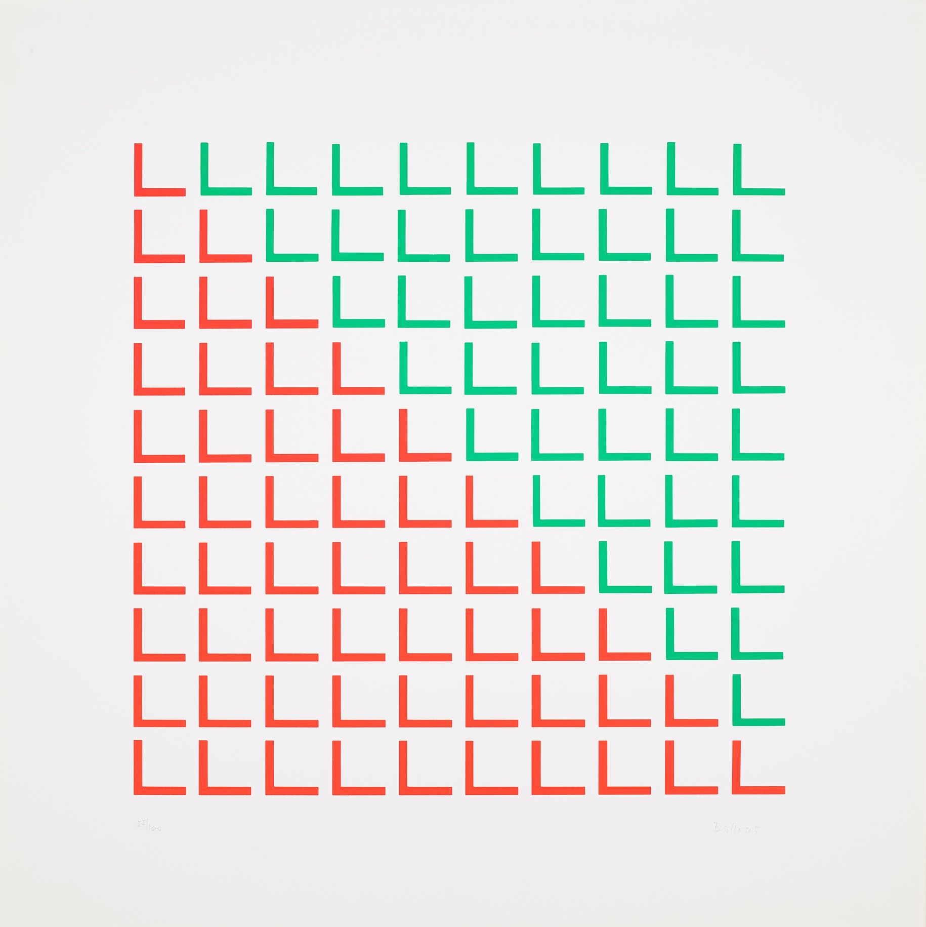 Optic Art. Ein 1/2 rot; 1/2 grüner Quadrat, zusammengesetzt aus kleinen Querschnitten eines Quadrates (Farben: rot, grün).