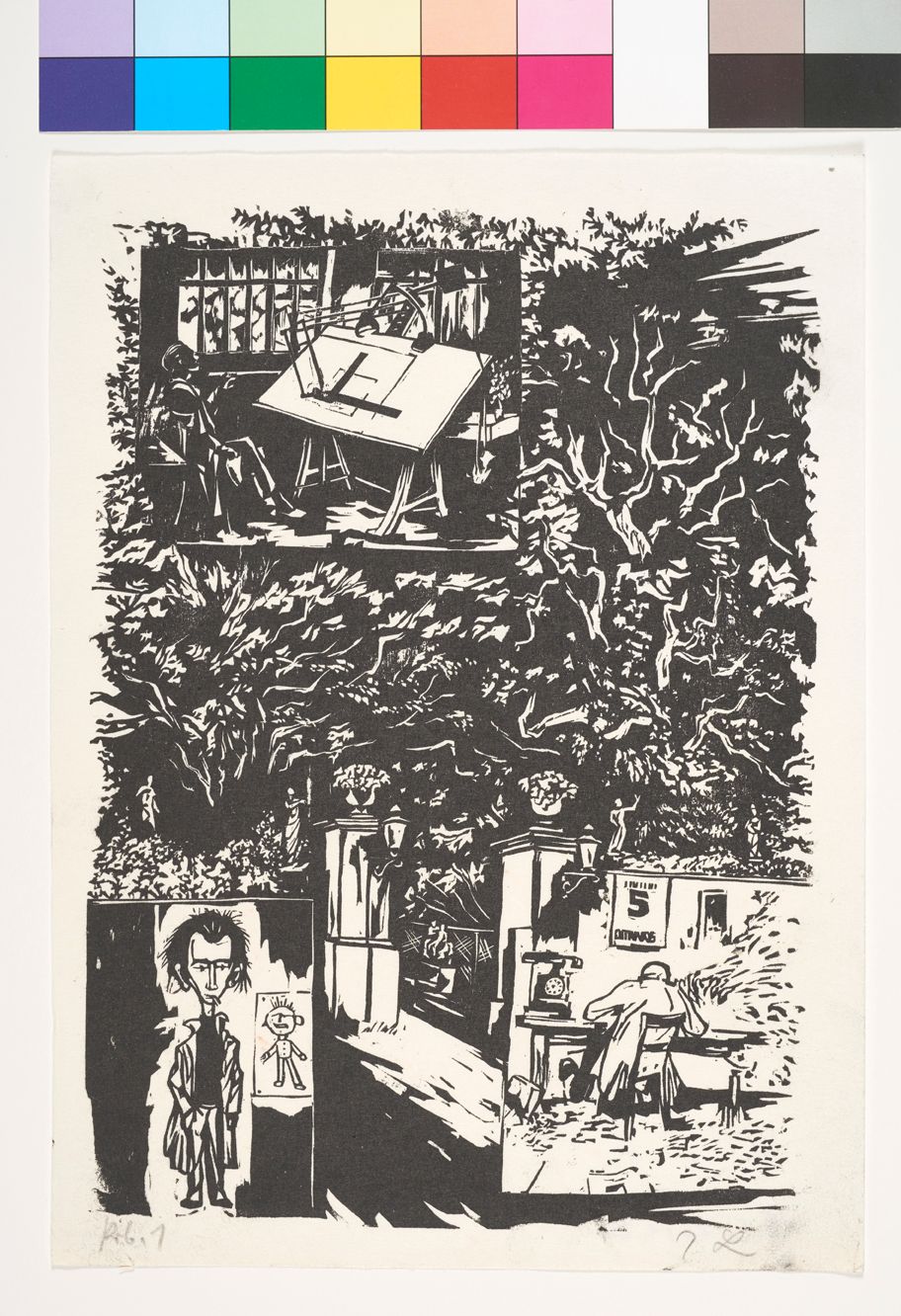 Eine Collagenkomposition vor dem Hintergrund eines Zufahrttors mit einem dahinter liegenden Wald. Die kleinen Bilde zeigen 1.) ein Mann neben einem Zeichentisch, 2.) einen Mann in Rückenansicht schreibend an einem Tisch und 3.) die Karikatur eines rauchenden Mannes in einem Mantel neben einer Strichmännchenzeichnung.