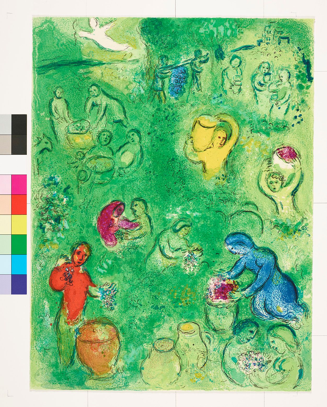 Abstraktes Bildmotiv. Mehrere Personen mit einem Krug oder einem Korb auf grünem Untergrund.