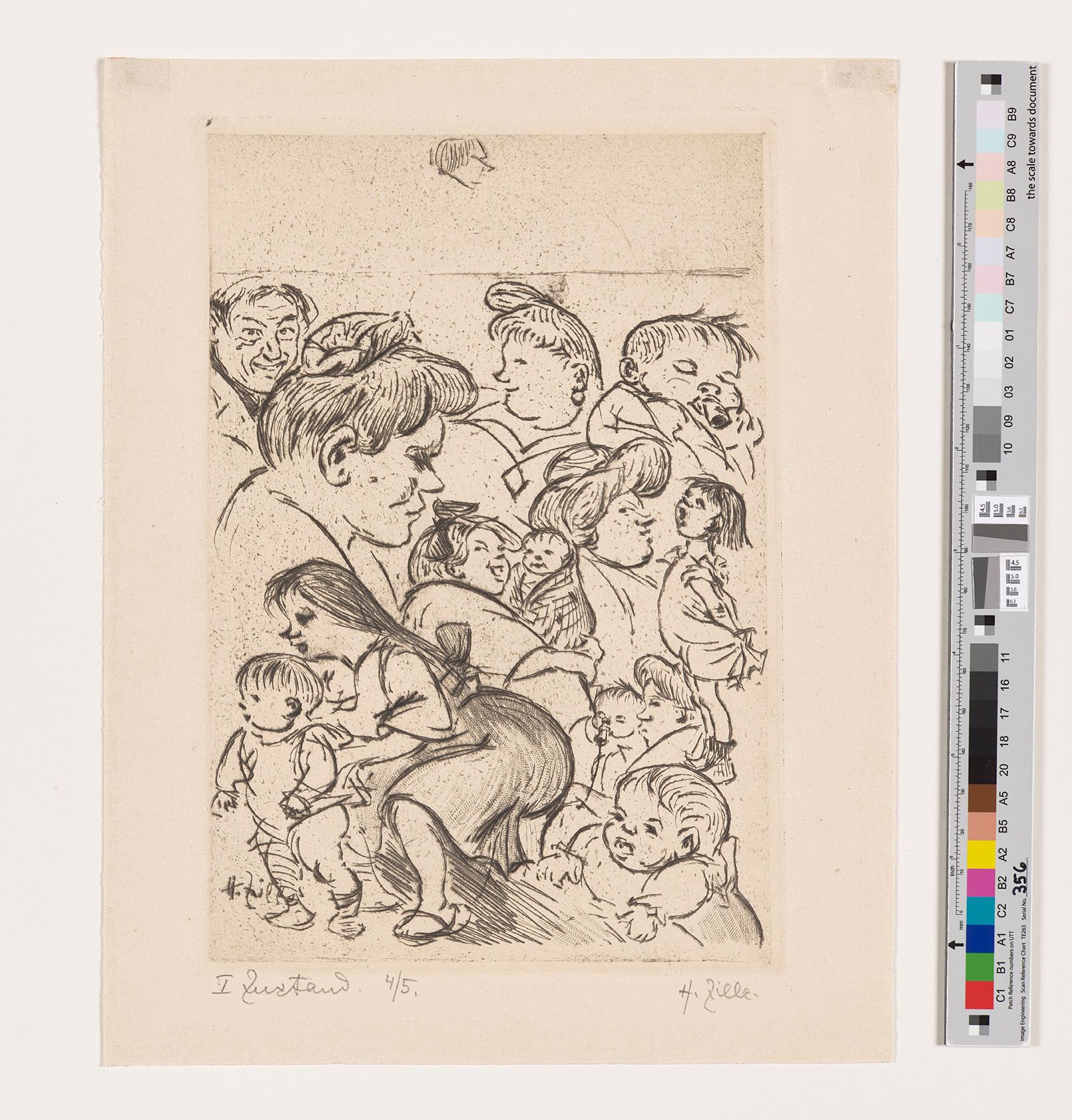 Ein Blatt mit Skizzen von verschiedenen Frauen, Männern und Kindern, teils karikaturhaft.