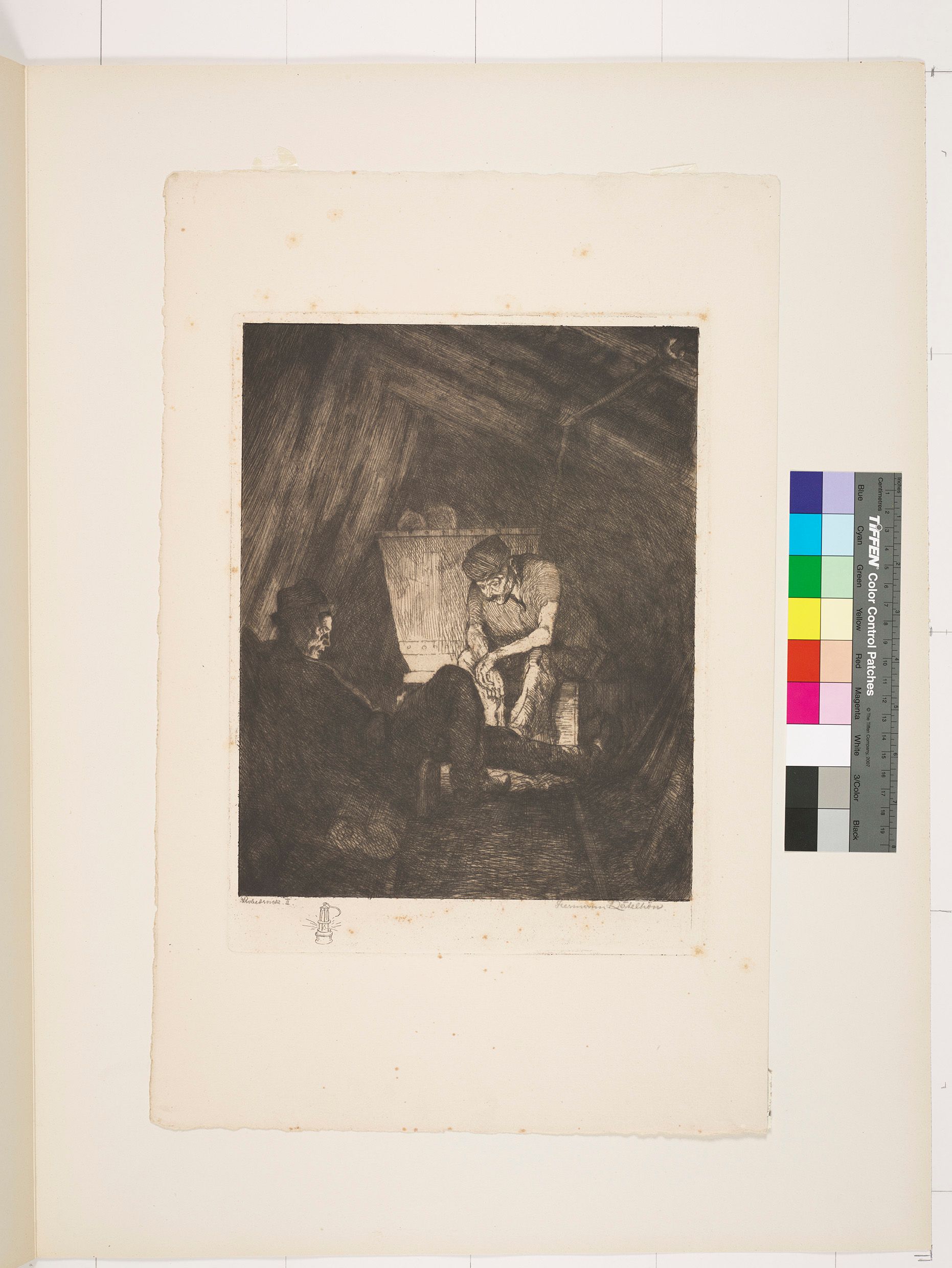 Radierung. Zwei sitzende Männer in der Kohlemine. Hinter ihnen ist ein Wagon. 