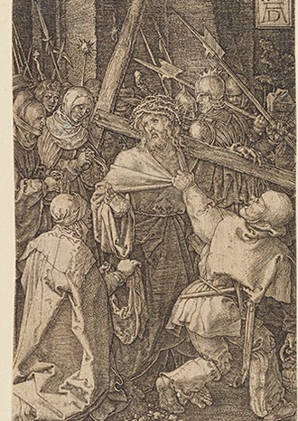 Kupferstich. Kreuztragung Christi. Im Hintergrund Soldaten mit Waffen.