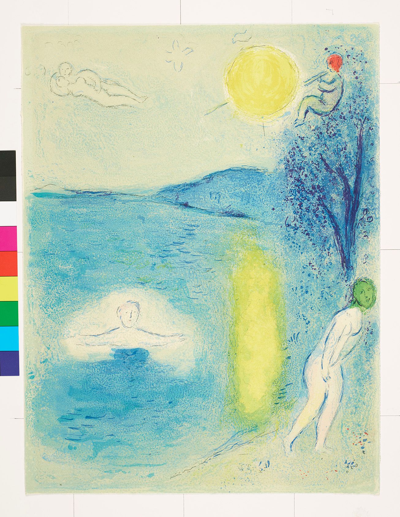 Abstraktes Bildmotiv. Ein schwimmender Mann im Meer. Am rechten Bildrand steht eine Frau. Im Hintergrund sitzt eine Person mit einer Flöte auf einem Baum. Neben dieser Person scheint die große Sonne.