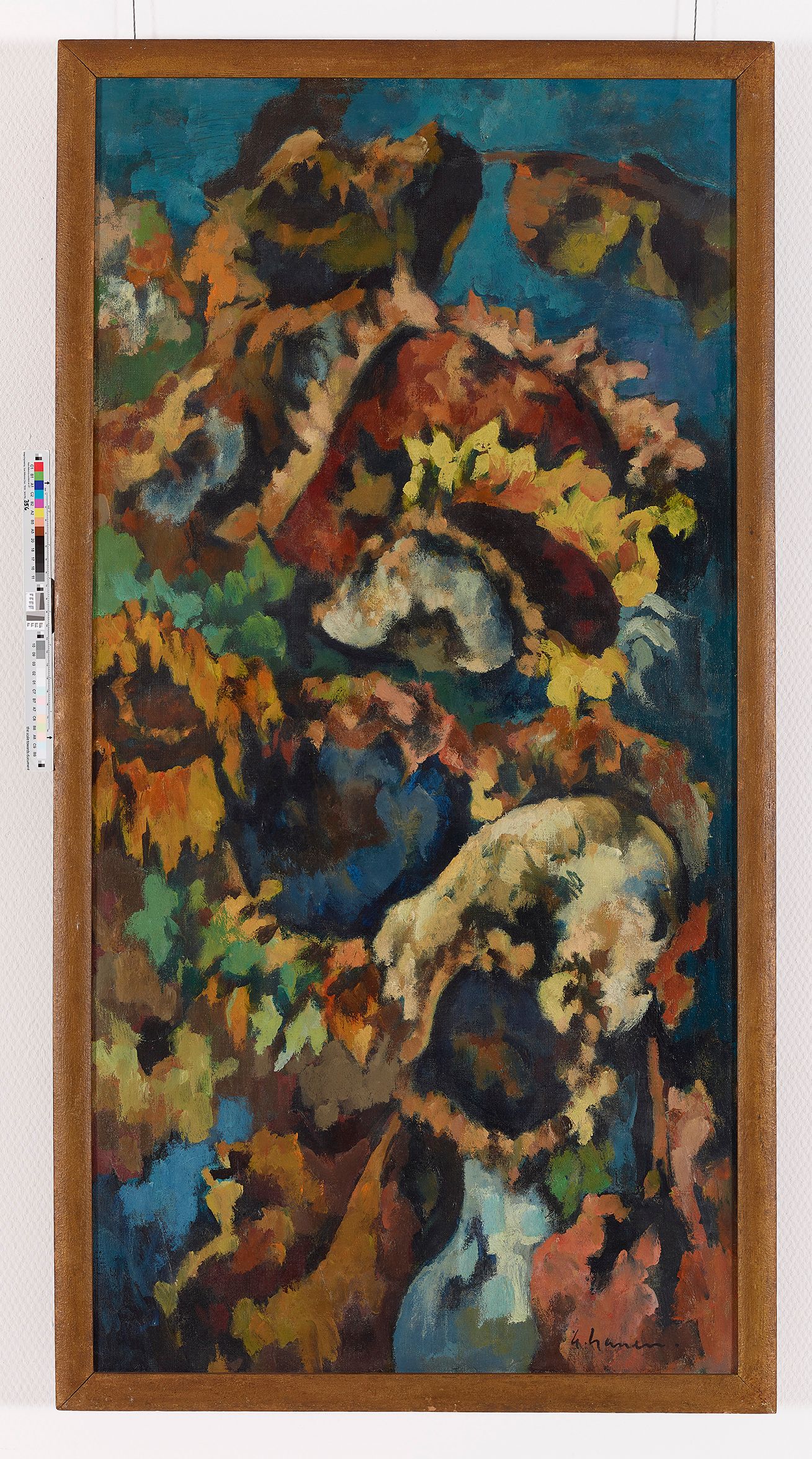Eine hochrechteckige Leinwand mit Sonnenblumen und weiteren Blüten in expressionistischer Farbgebung auf dunkelblauem Grund.