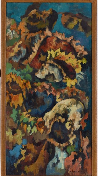 Eine hochrechteckige Leinwand mit Sonnenblumen und weiteren Blüten in expressionistischer Farbgebung auf dunkelblauem Grund.