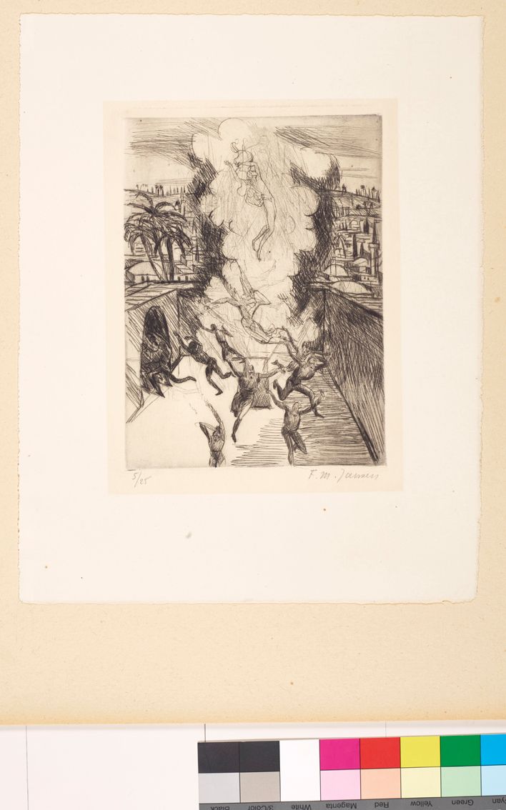 Zeichnung. Eine Grube mit einem geöffneten Sarg. Ein Engel und Jesus in der Luft. Flüchtende Soldaten.