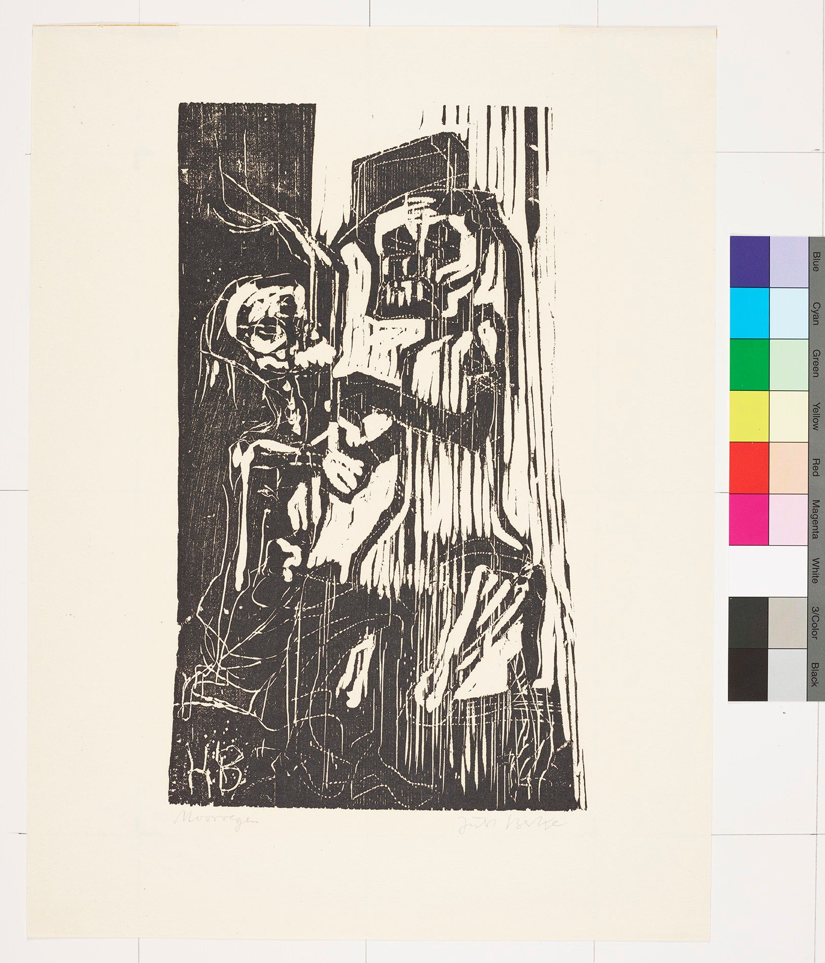 Abstraktes Bildmotiv von zwei Skeletten. Der rechte Skelett ist auf einem Knie und hält die Hand des anderen Skelettes.