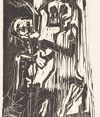 Abstraktes Bildmotiv von zwei Skeletten. Der rechte Skelett ist auf einem Knie und hält die Hand des anderen Skelettes.