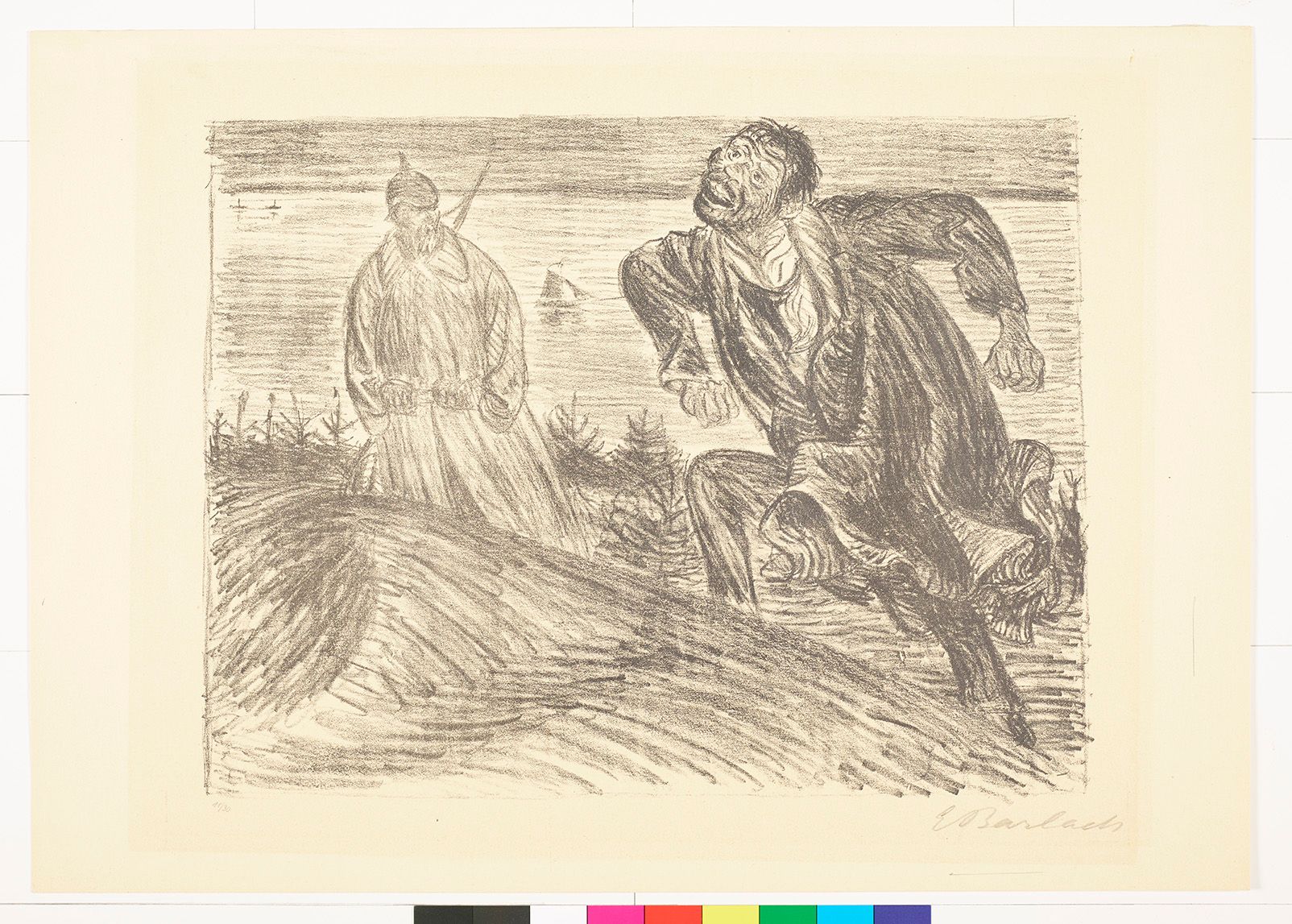 Skizze. Zwei Männer auf einem Berg mit einer Meereslandschaft im Hintergrund.