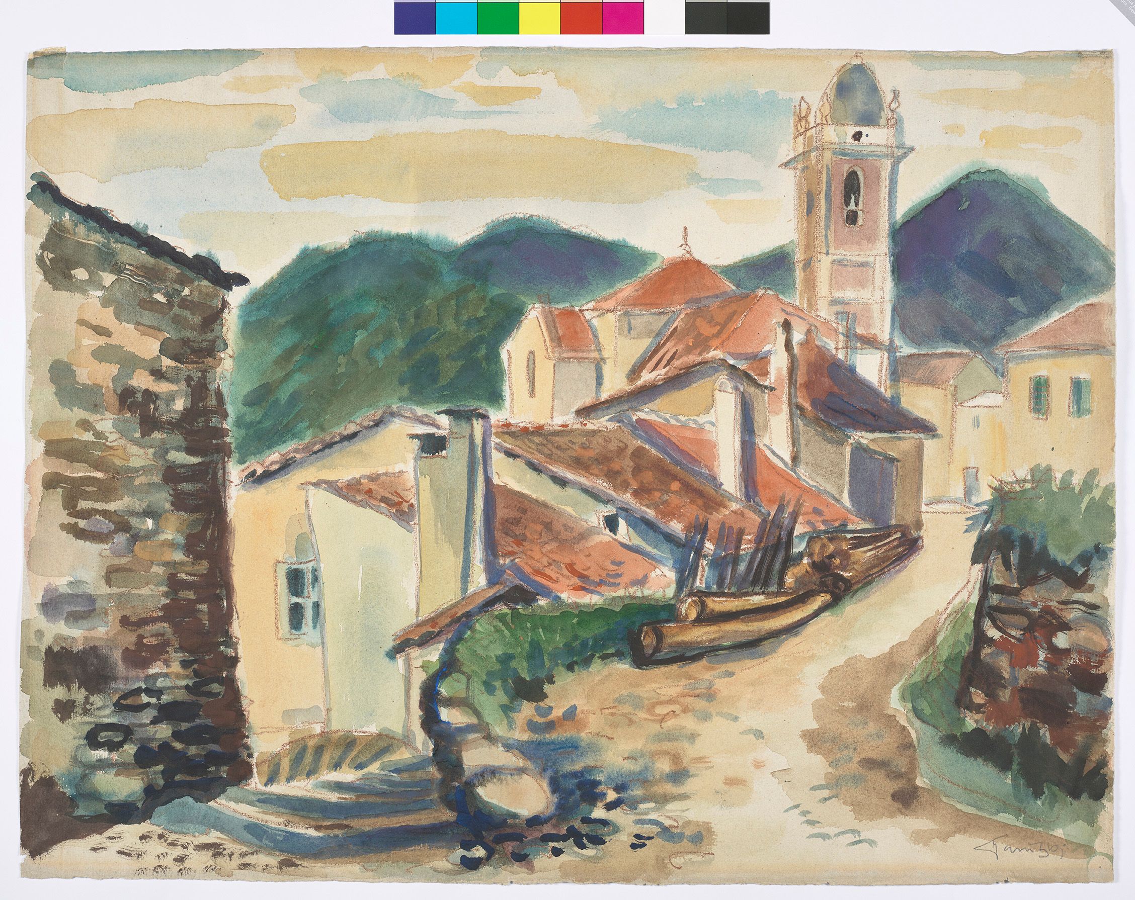 Aquarell eines italienischen Bergdorfes. Zusehen sind mehrere Häuser und eine Kapelle. Zu diesen führt ein Weg hin. Im Hintergrund sind weitere Berge.