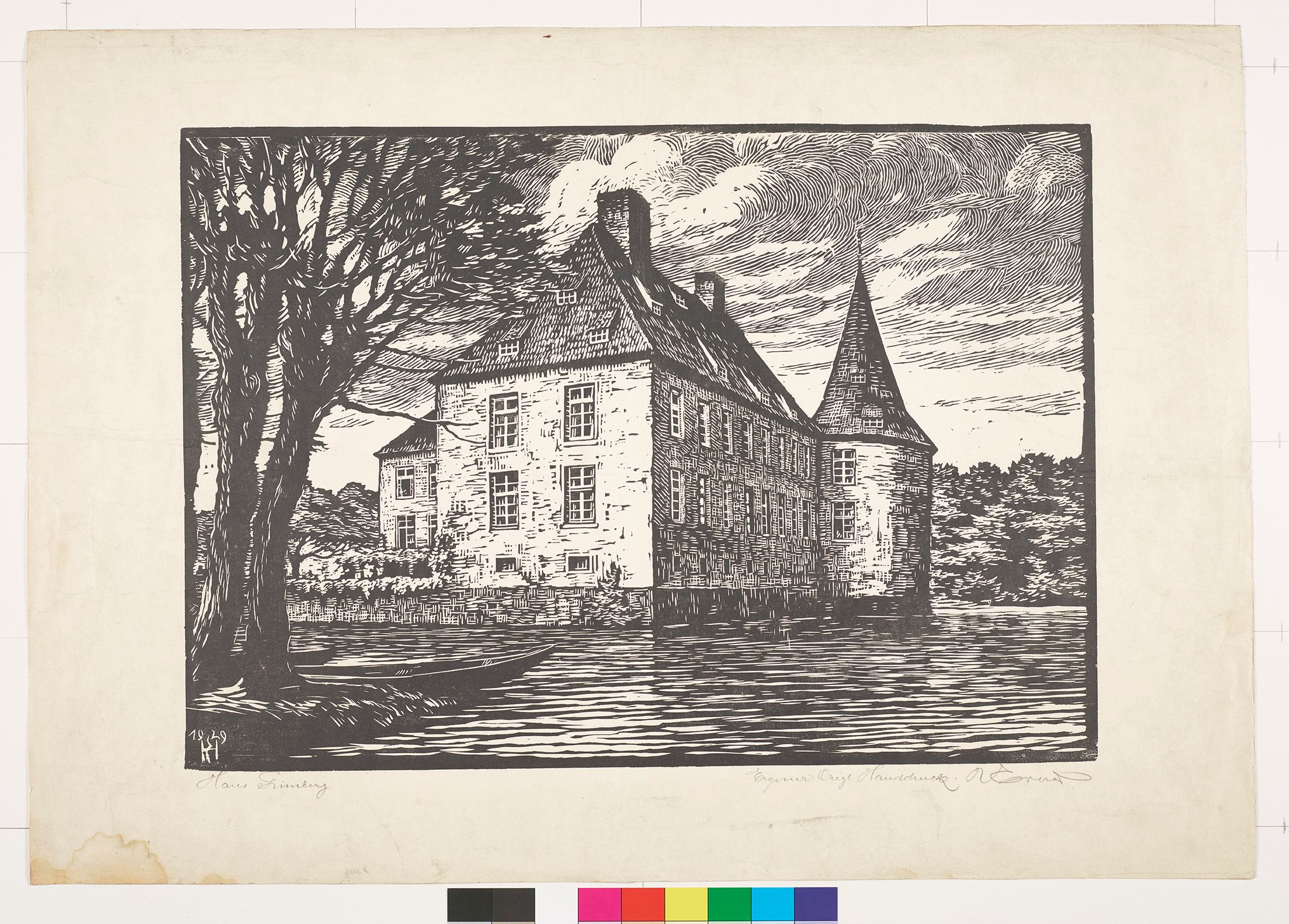 Holzschnitt. Großes Haus mit einem kleinen Turm am See.