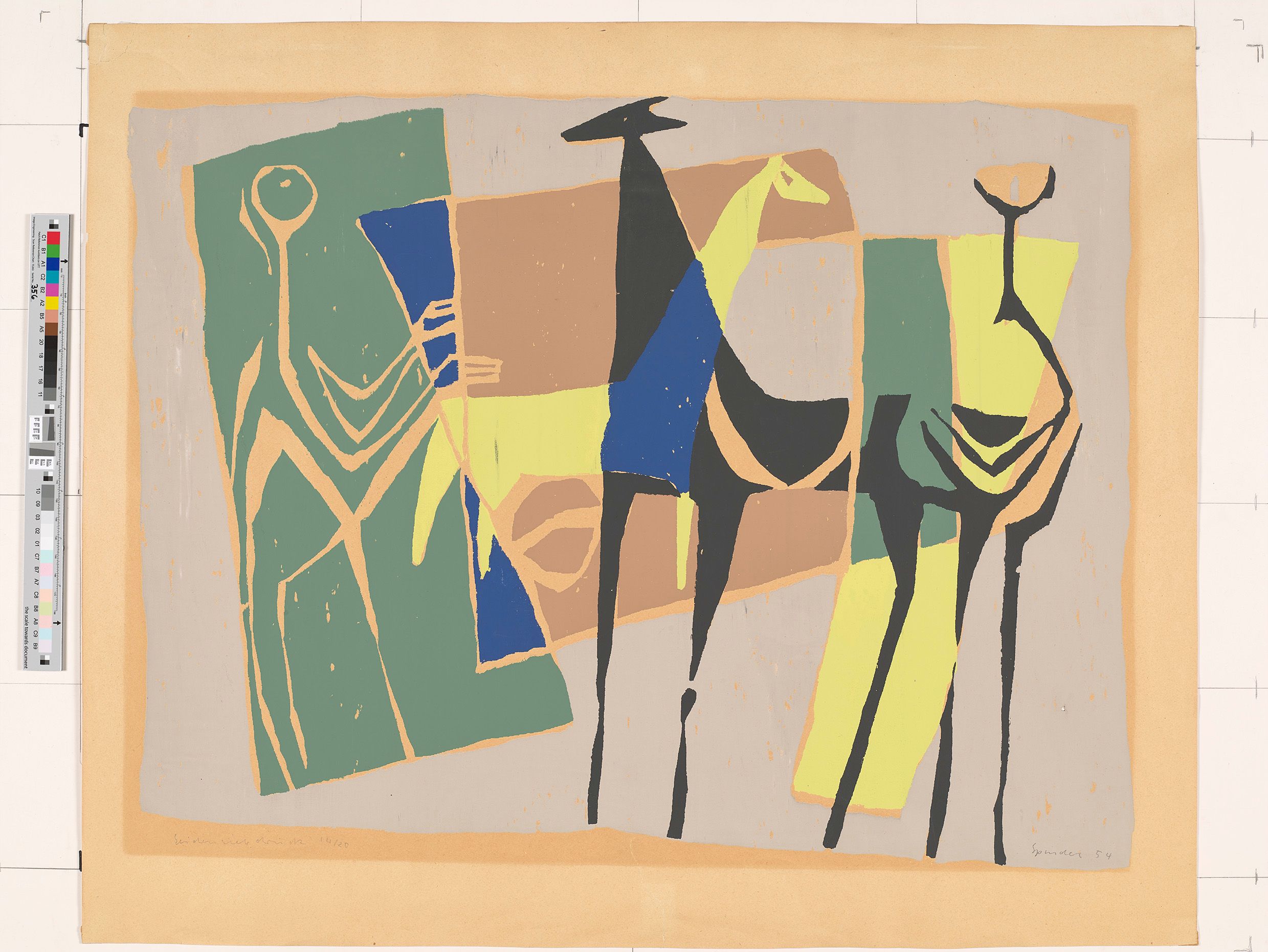 Abstrakte Darstellung von unterschiedlichen Tieren und zwei Figuren. Abstrakte Formen im Hintergrund. Farben wechseln mit Überschneidung von Formen. Dargestellte Tiere: Giraffe, Antilope. Farben: Grün, Gelb, Blau, Beige und Schwarz 