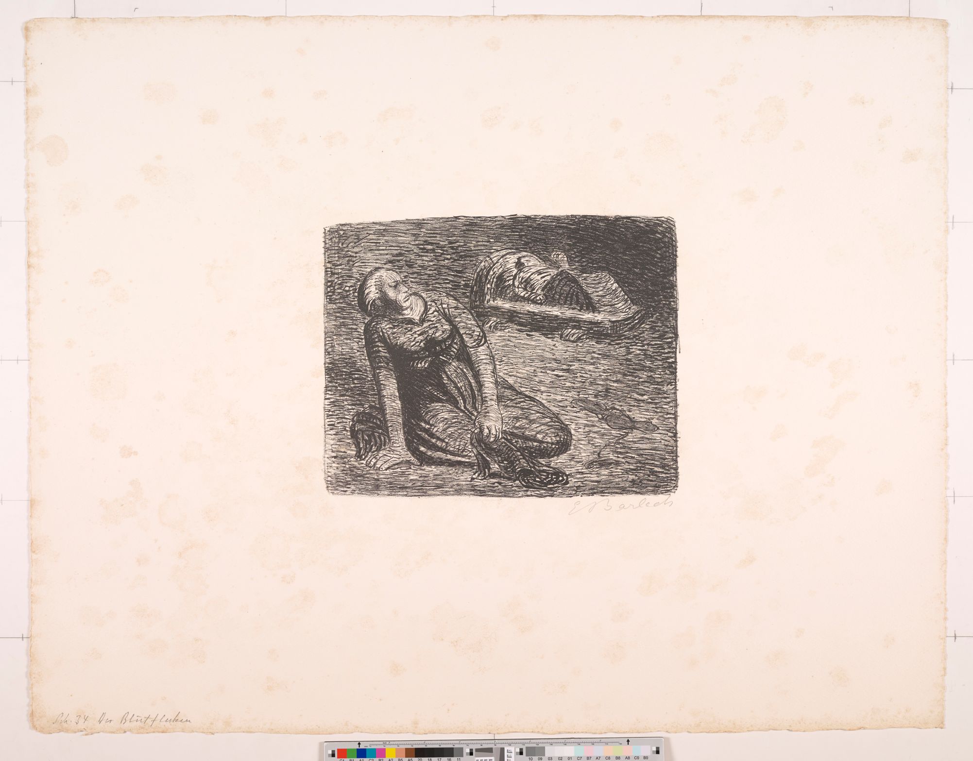 Zeichnung. Sitzende Frau mit einem Seil. In der oberen rechten Bild Ecke ist ein liegender Mann.