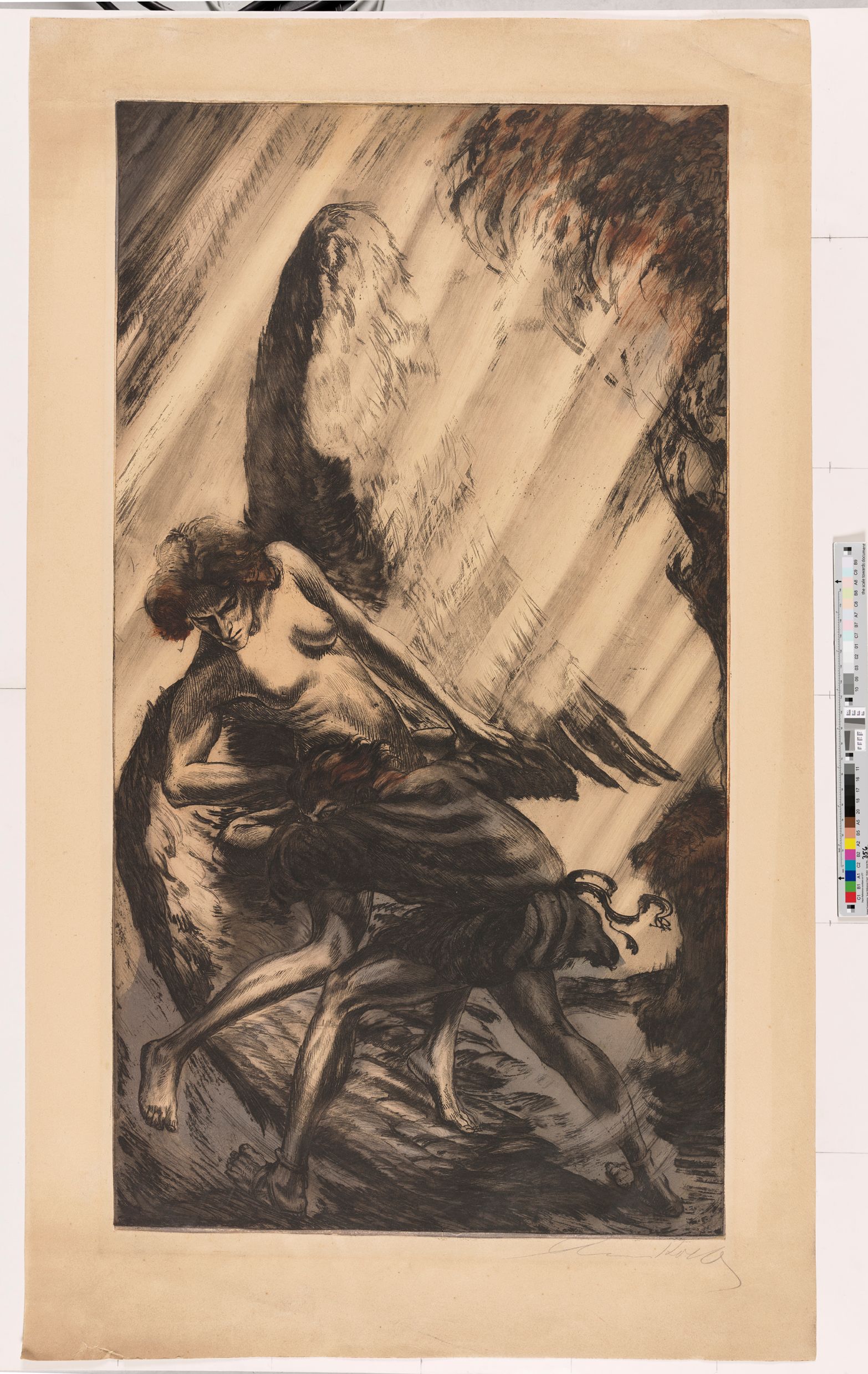 Dargestellt ist die biblische Szene von Jakobs Kampf am Jabbok. Der in der Bibel nicht identifizierte Angreifer (Buch 1.Mose 32,23-33) ist hier als weiblicher Engel dargestellt. Für die Komposition spielen das Licht -die Flügel des Engel sind wegen derHelligkeit teils kaum noch zu erkennen- und Bewegungslinien, so an Jakobs Fuß, eine wichtige Rolle.