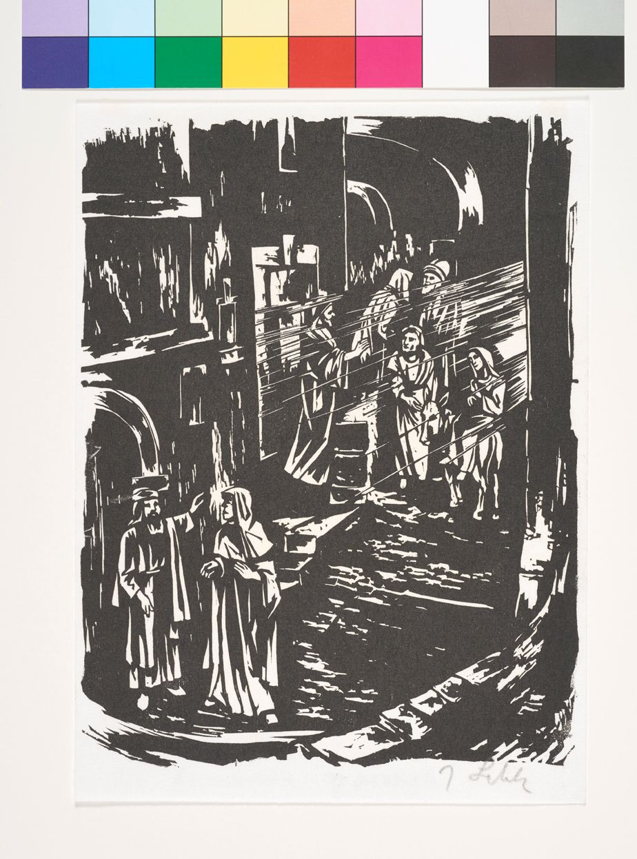 Maria und Josef werden auf einer gepflasterten Straße vom Besitzer einer Herberge abgewiesen. Starke Lichtstrahlen fallen von rechts ein.