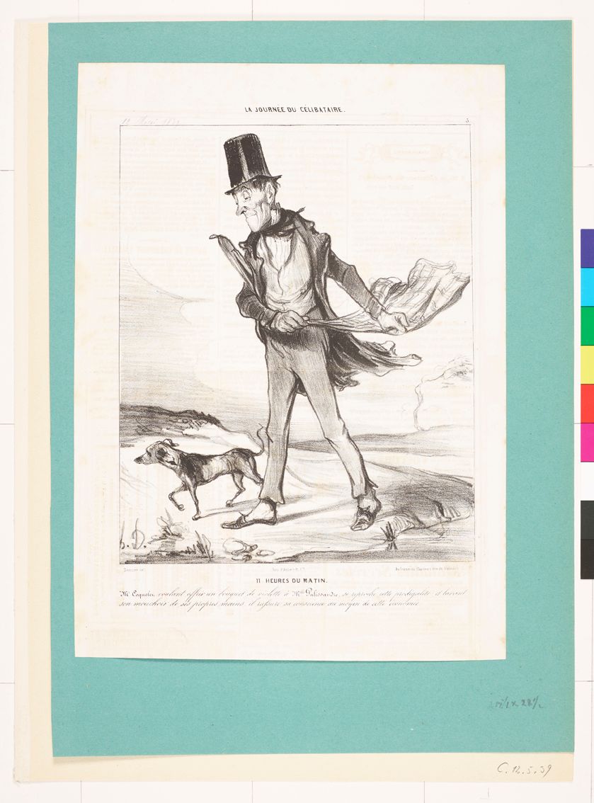 Zeichnung. Ein fein gekleideter Mann, der mit dem Hund Gassi geht. Er hält ein Tuch in der Hand.