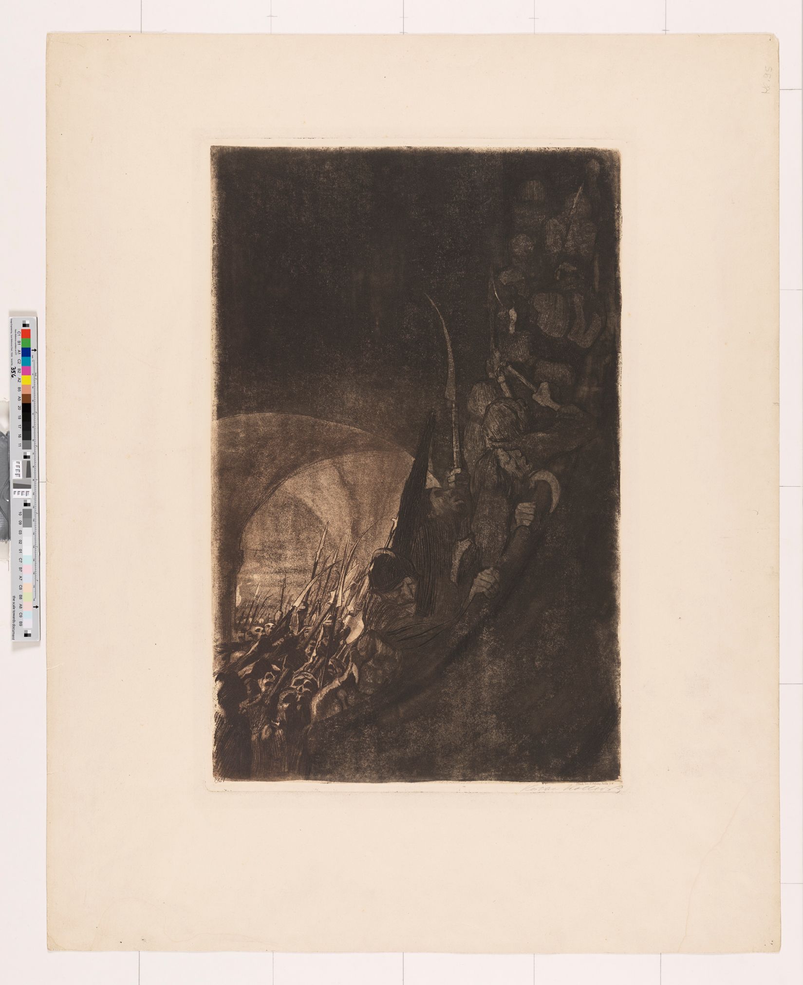 eine große Gruppe von mit Lanzen bewaffneten Menschen in einem Gewölbe, dessen Decken sich im Hintergrund abzeichnen, erklimmen dicht gedrängt einen Wendeltreppe im Vordergrund.