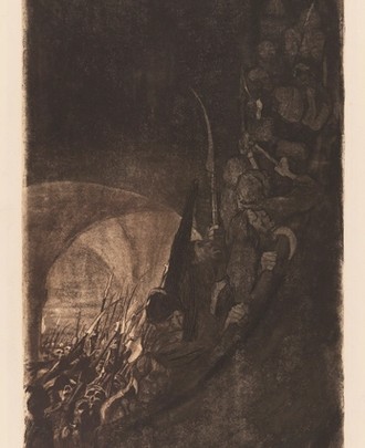 eine große Gruppe von mit Lanzen bewaffneten Menschen in einem Gewölbe, dessen Decken sich im Hintergrund abzeichnen, erklimmen dicht gedrängt einen Wendeltreppe im Vordergrund.