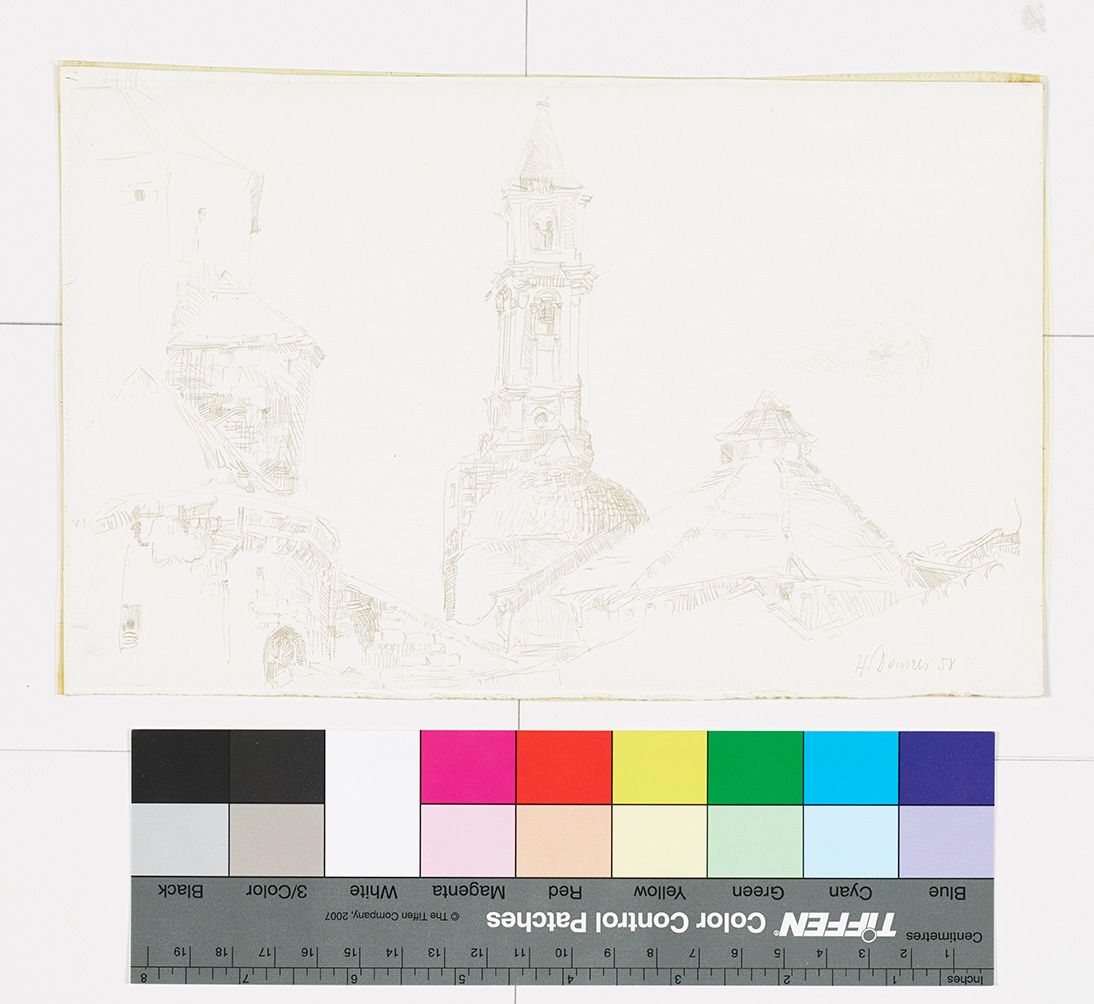 Skizze der Stadtarchitektur. Die Kuppel und der Turm der Kathedrale in gotischer Architektur. 