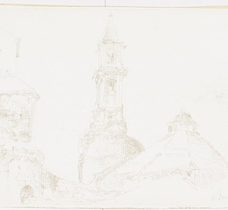 Skizze der Stadtarchitektur. Die Kuppel und der Turm der Kathedrale in gotischer Architektur.