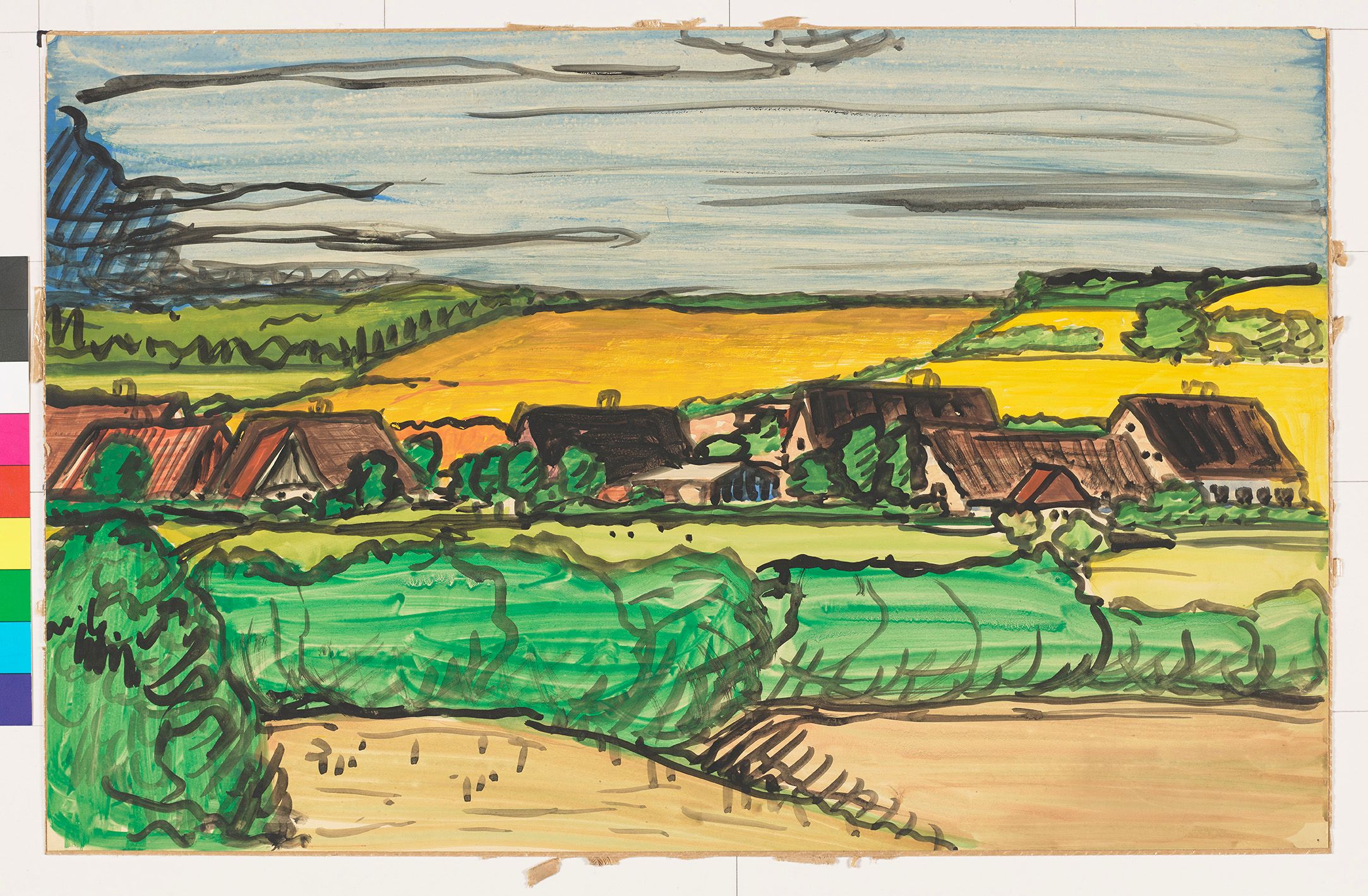 Ländliche Landschaftsmalerei, in der Mitte eine kleine Siedlung mit sieben Häusern. Vor der Siedlung  grüne Wiesen und grüne Büsche, hinter der Siedlung gelbe Felder und ebenso grüne Büsche und Bäume. Der Himmel ist blau mit hellgrau angedeuteten Wolkenbändern. 