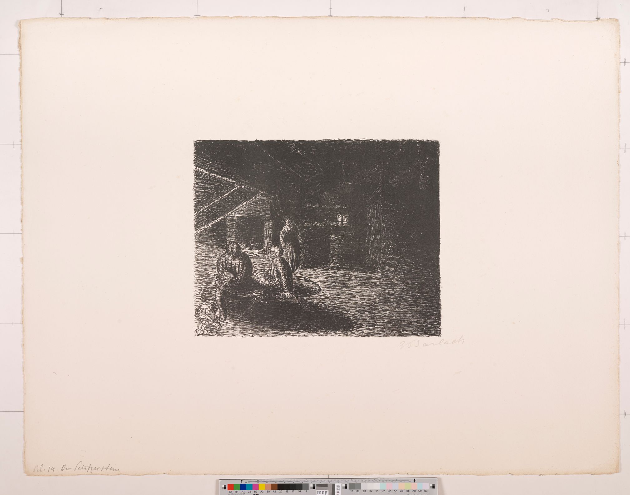 Expressionistisches Bildmotiv. Drei Personen in einem Raum. Zwei sitzende und eine stehende Person.