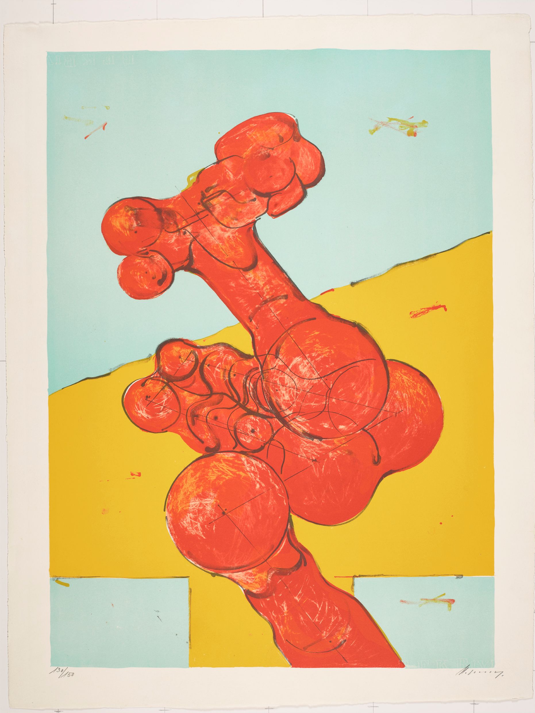 Abstraktes Bildmotiv. Kreise, die gemeinsam eine nicht identifizierbare Gestalt bilden. Im Hintergrund eine gelbe T-Fläche.