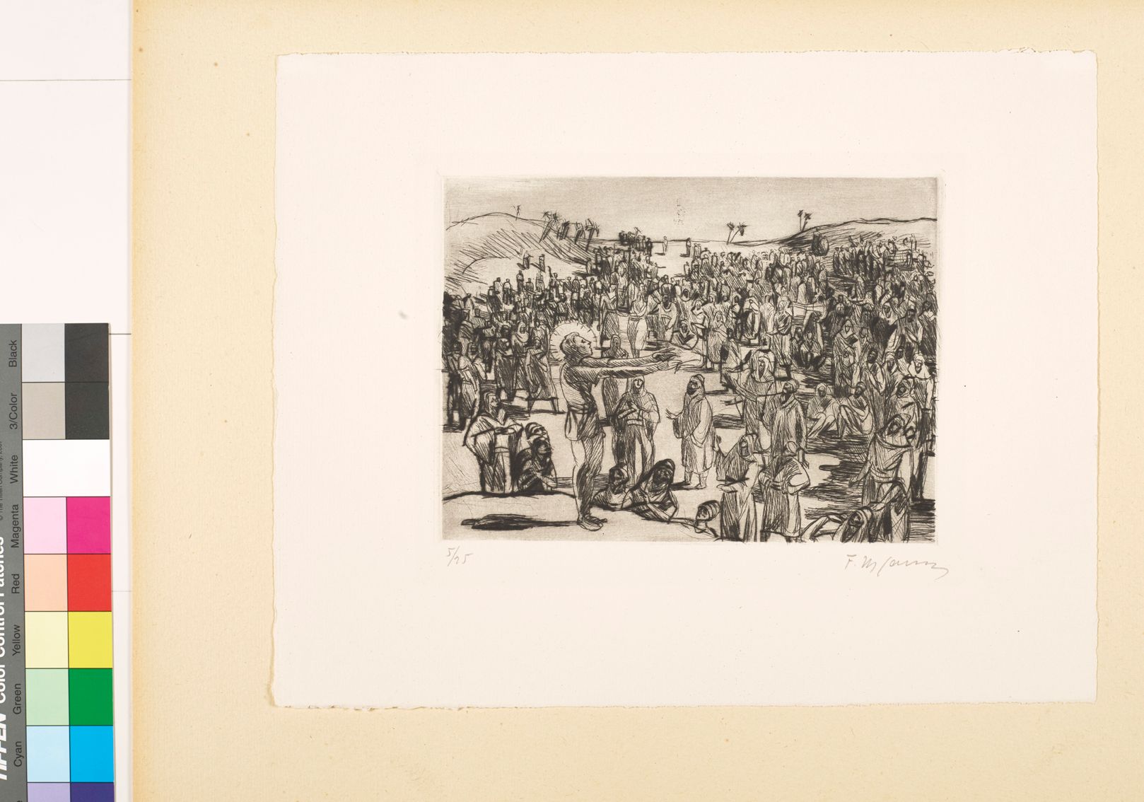 Zeichnung. Jesus auf einer Plattform, sprechend zu den versammelten Menschen. 