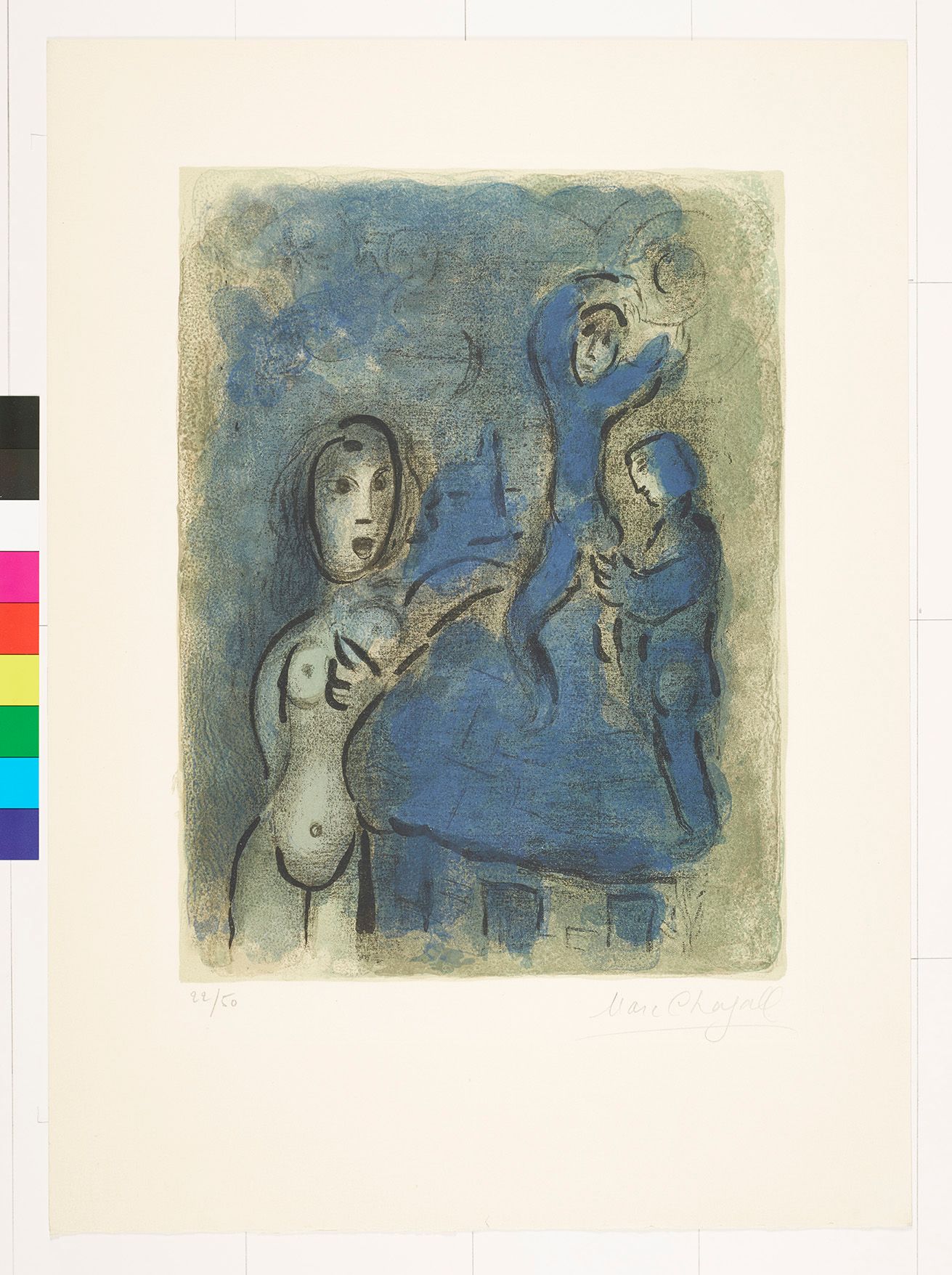 Abstraktes Bildmotiv von einer nackten Frau mit erschrockenem Gesichtsausdruck. Rechts neben ihr stehen zwei Personen auf einer Kuppel.